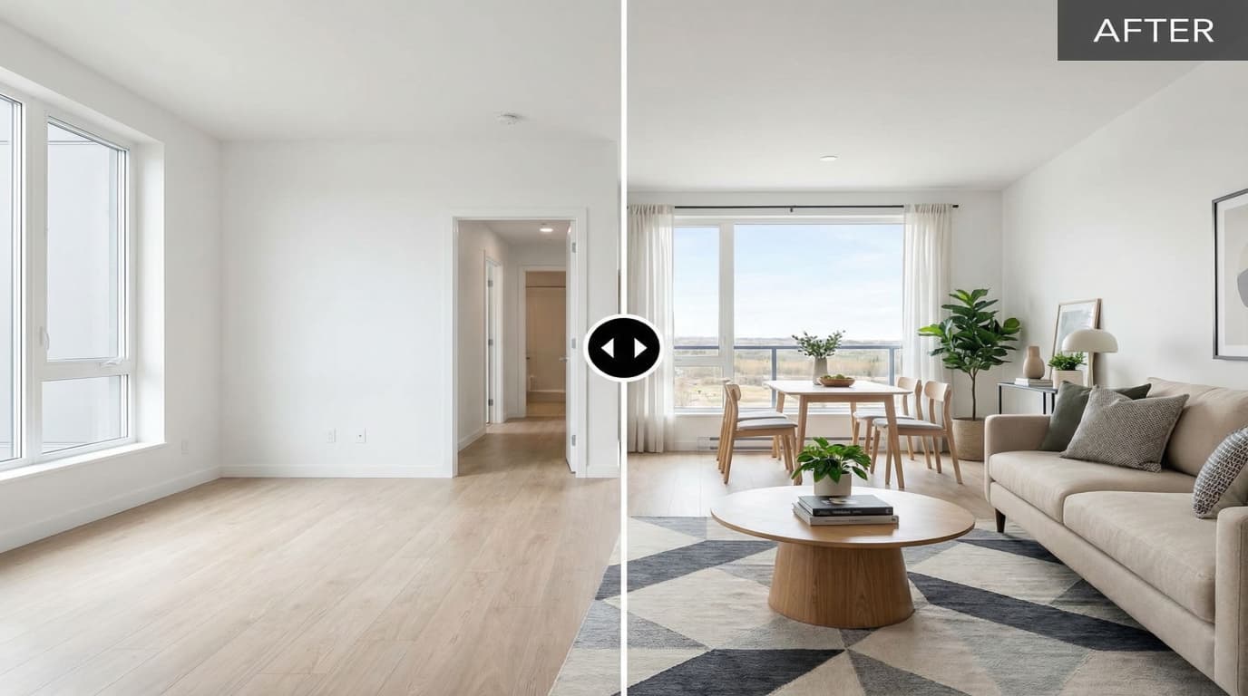 AI virtual staging before and after showing empty room transformed with modern furniture