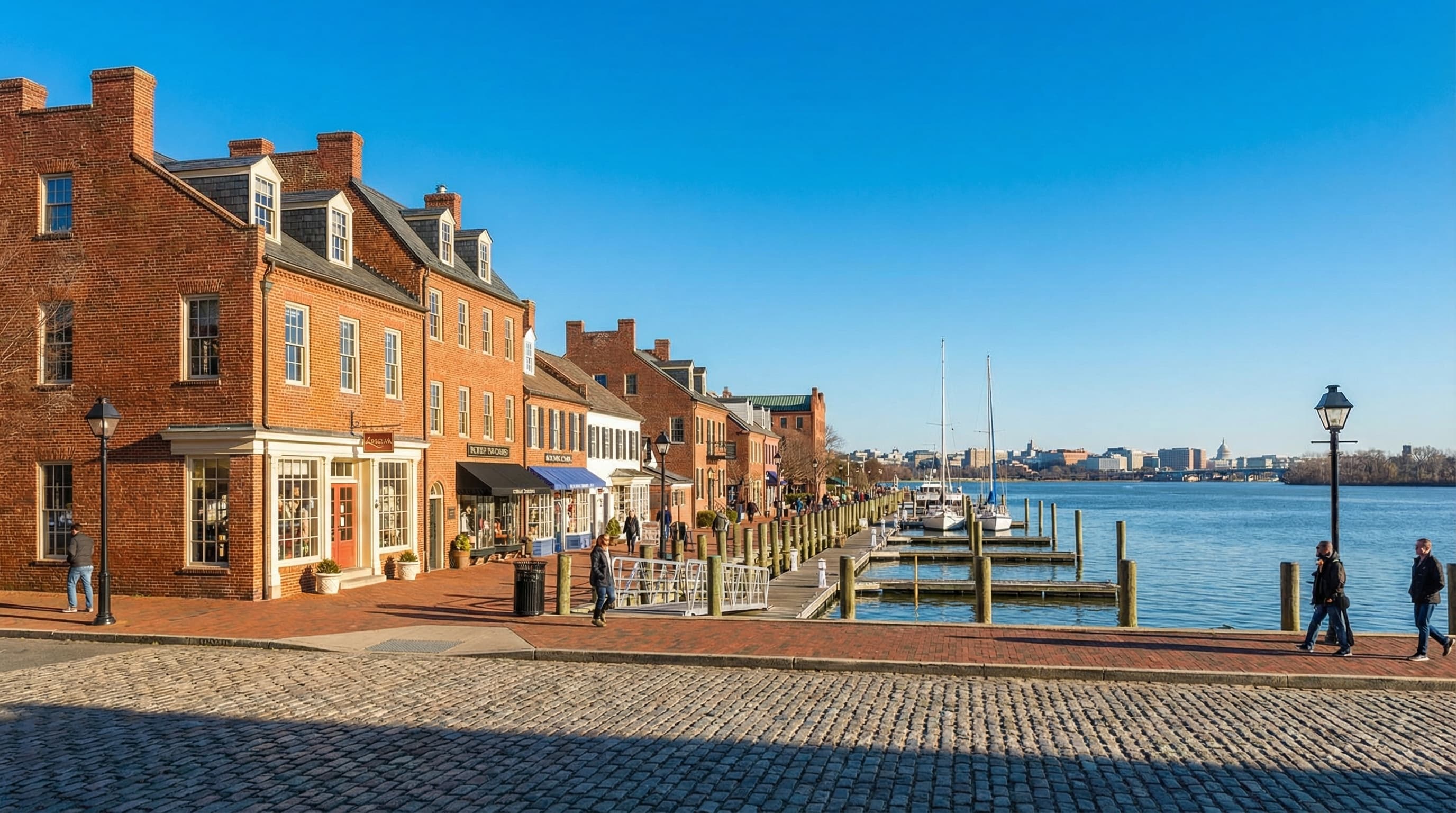 Old Town Alexandria Virginia waterfront with historic buildings, King Street, and Potomac River