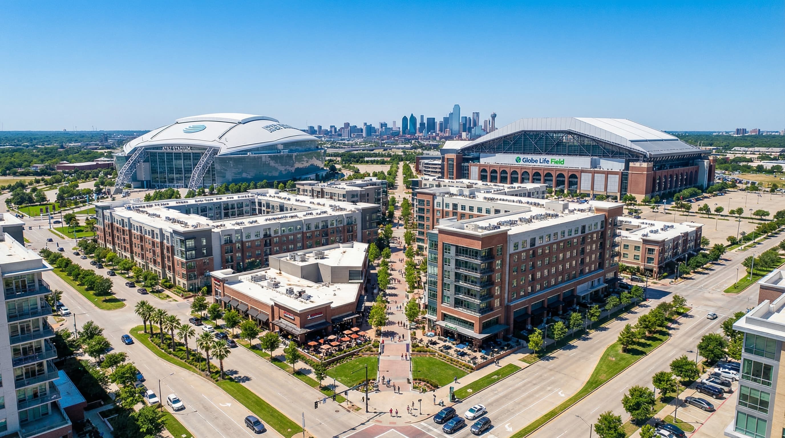 Arlington Texas AT&T Stadium with Globe Life Field and entertainment district homes