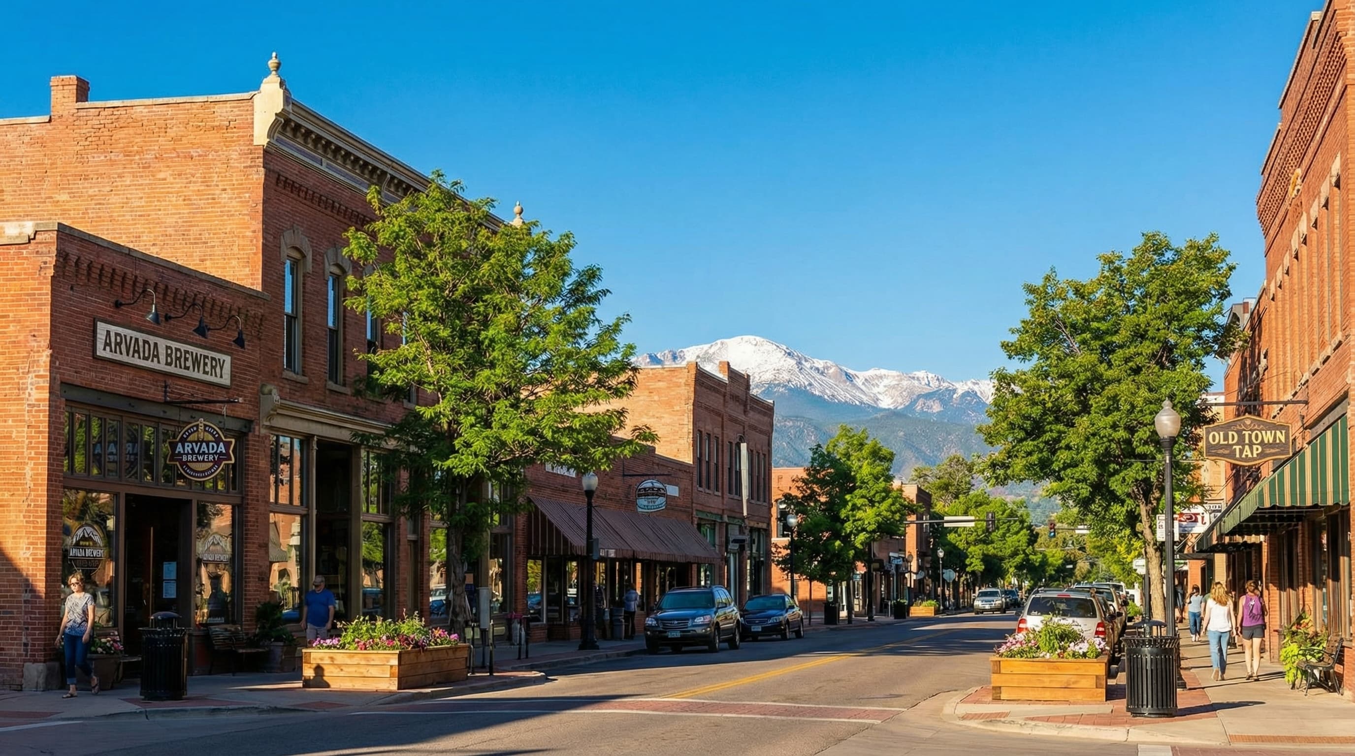 Arvada Colorado charming Olde Town district with historic buildings, mountain views, and tree-lined residential streets