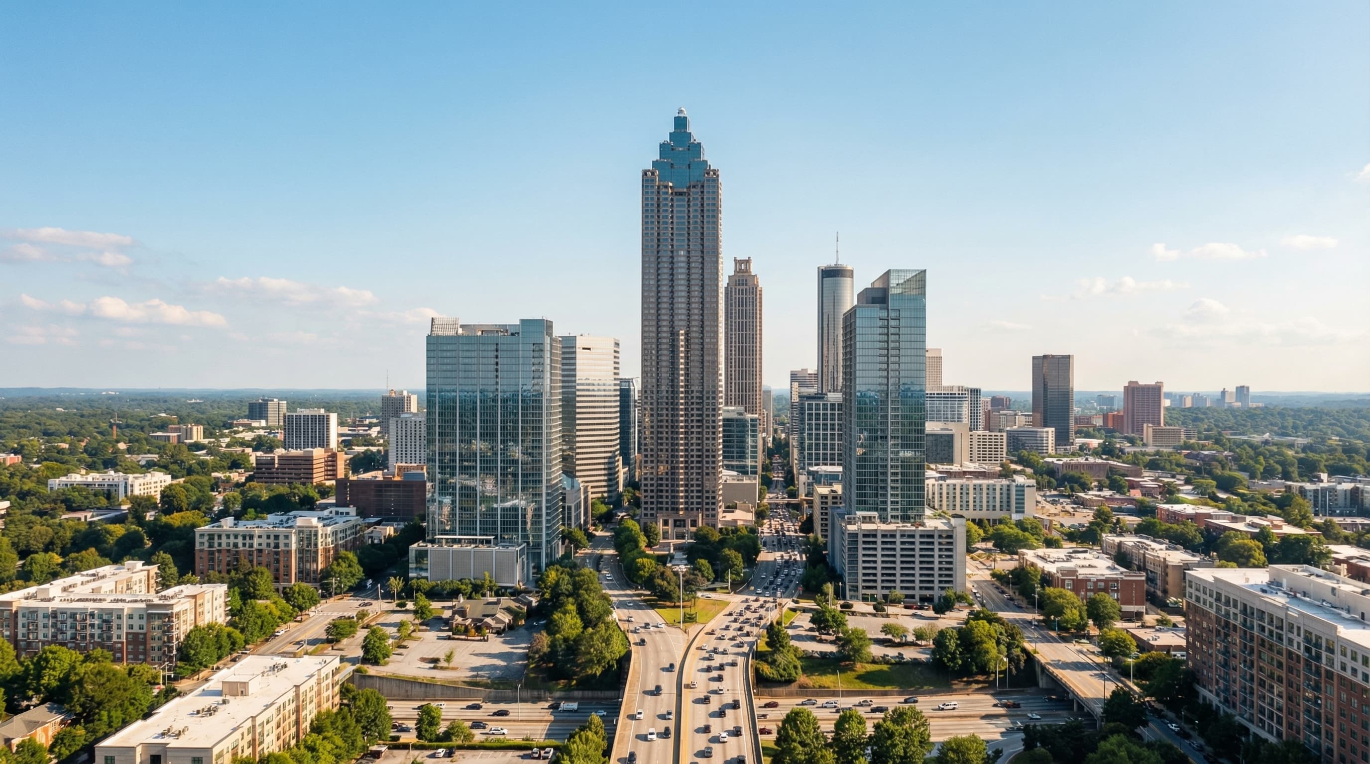 Aerial view of Atlanta Georgia metro area with downtown skyline, Buckhead towers, and tree-covered neighborhoods