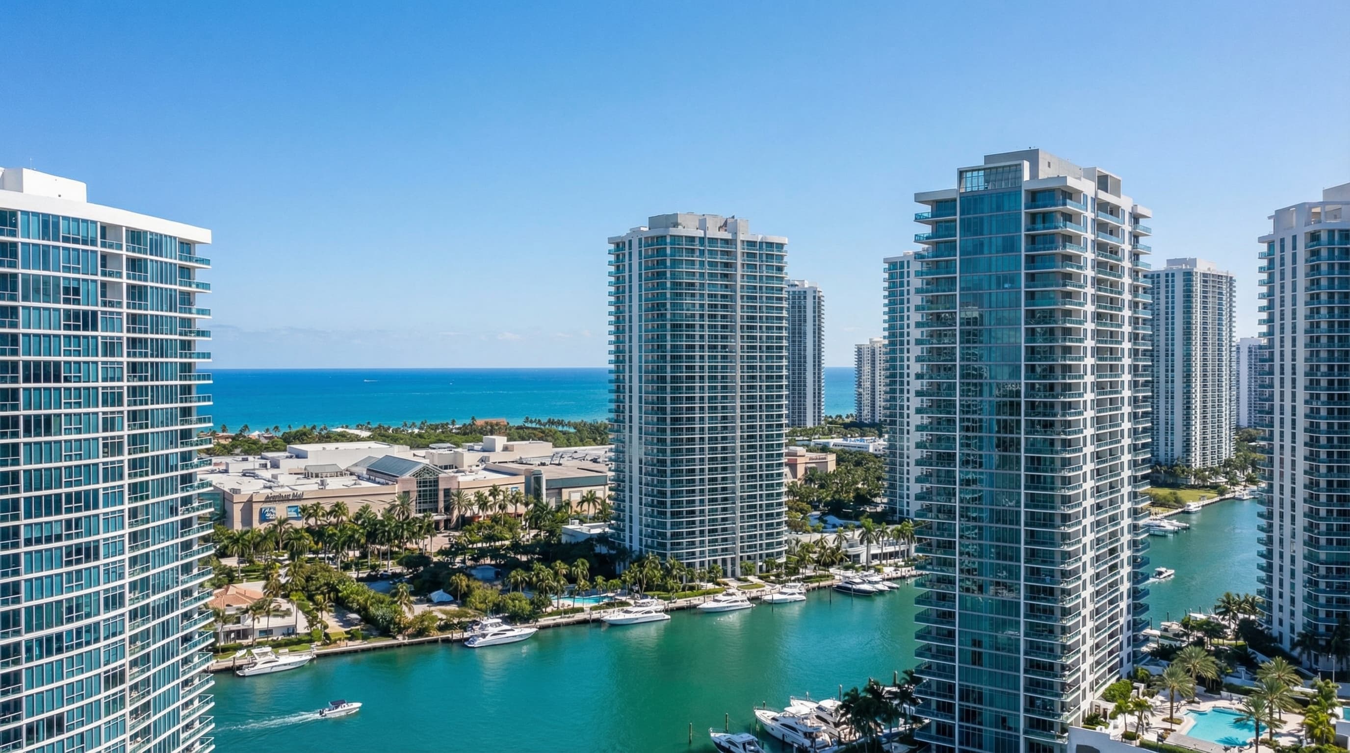 Aventura Florida luxury high-rises with Aventura Mall, Turnberry Isle, and Intracoastal waterway