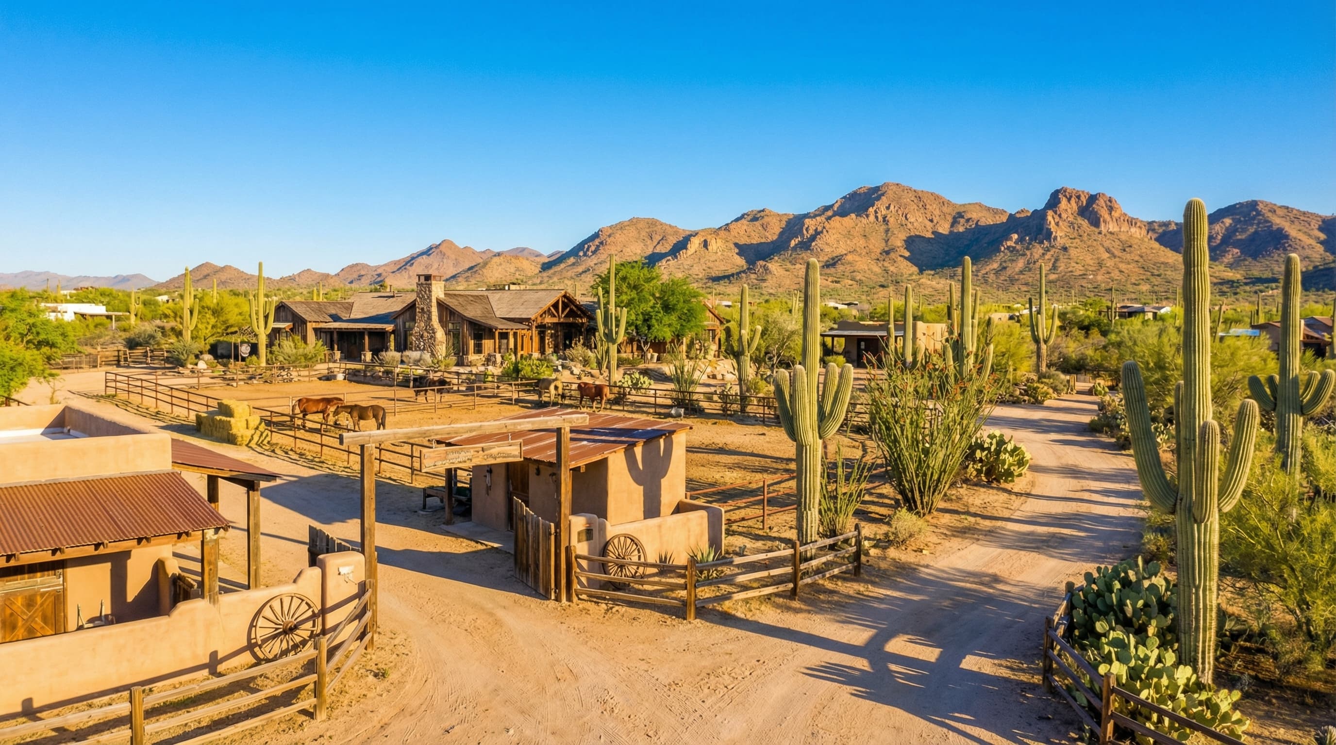 Rustic Cave Creek Arizona Western town with horse properties and saguaro cactus desert landscape
