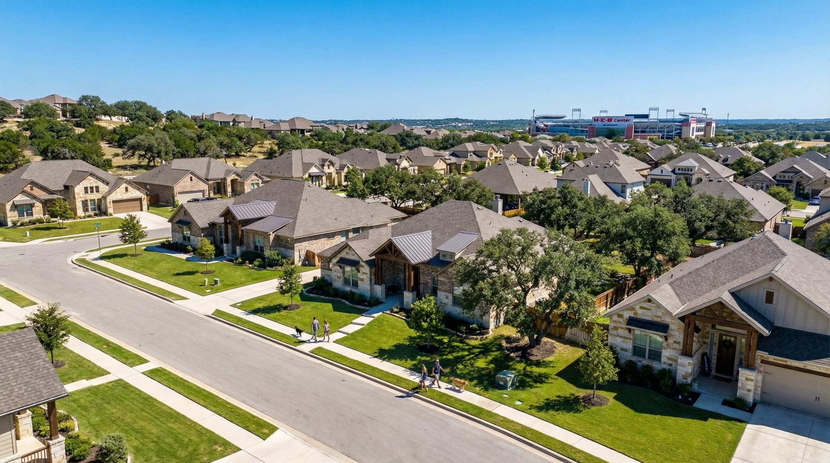 Cedar Park Texas homes with H-E-B Center arena and Texas Hill Country limestone views