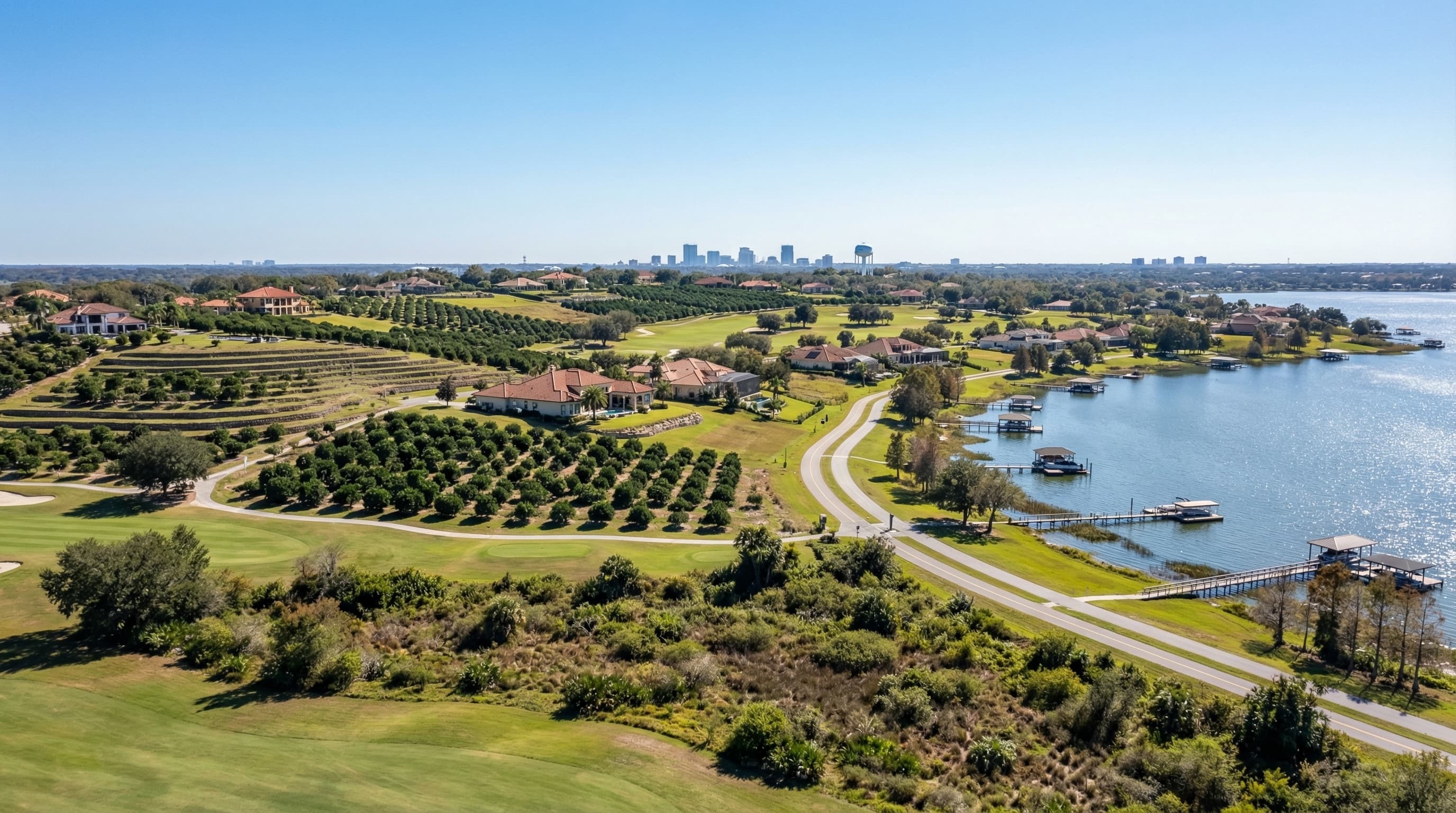 Clermont Florida hills with Lake Minneola, Citrus Tower, and Florida Polytechnic water dome