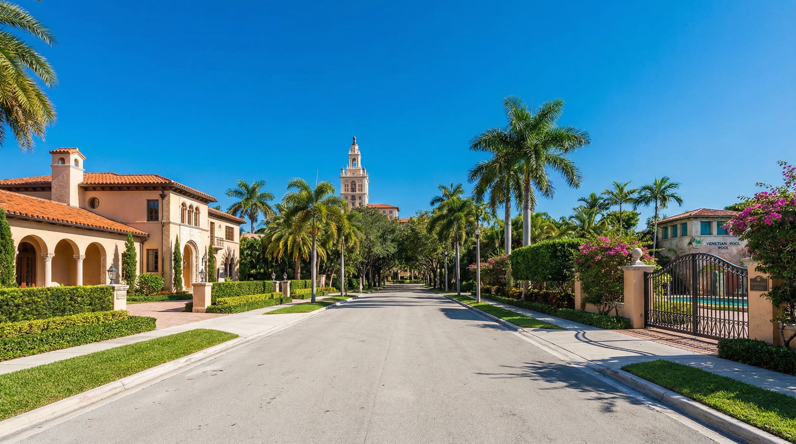 Coral Gables Florida Mediterranean Revival mansions with Biltmore Hotel and banyan-lined streets