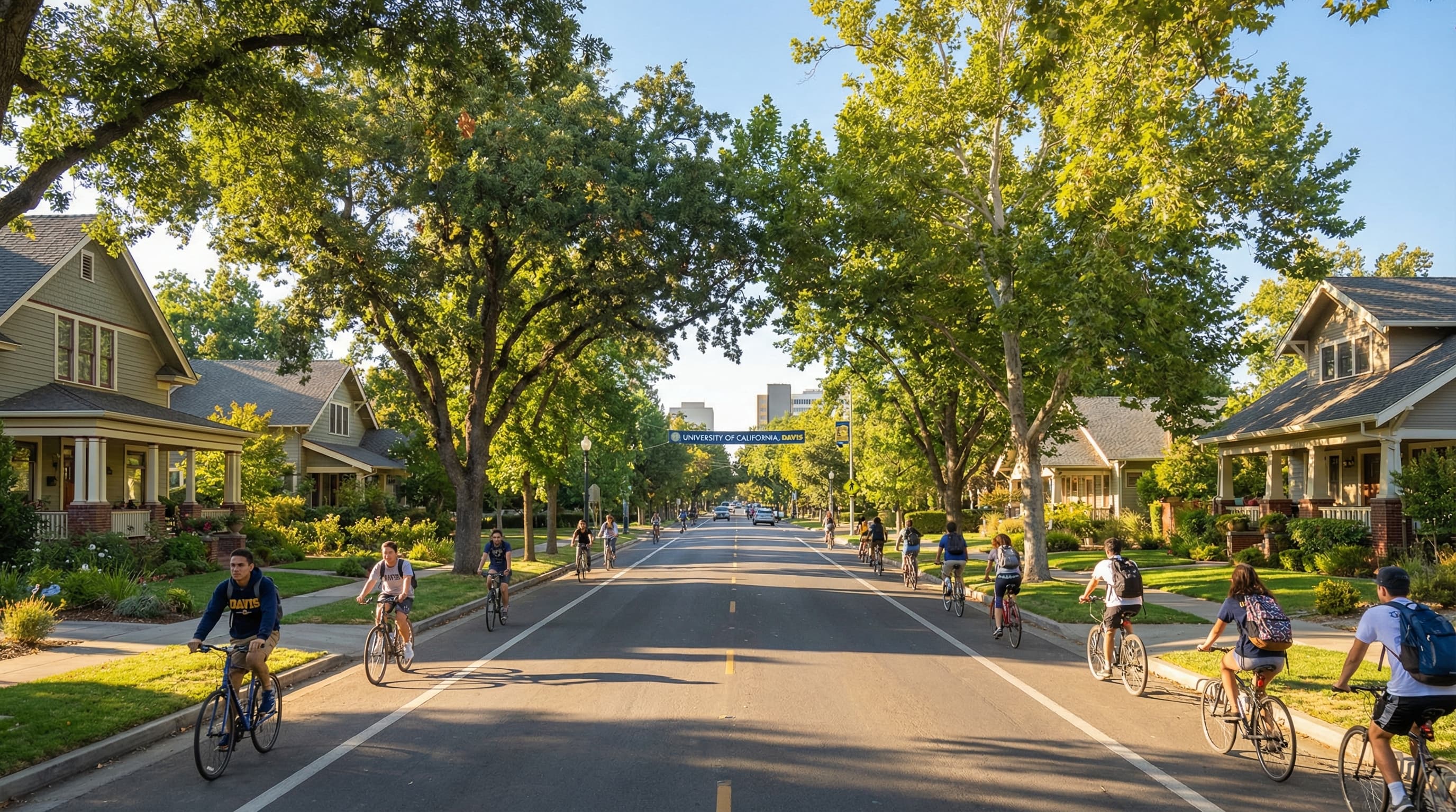 Charming Davis California college town with tree-canopied streets, Victorian and craftsman homes, UC Davis campus influence, and bicyclists on paths