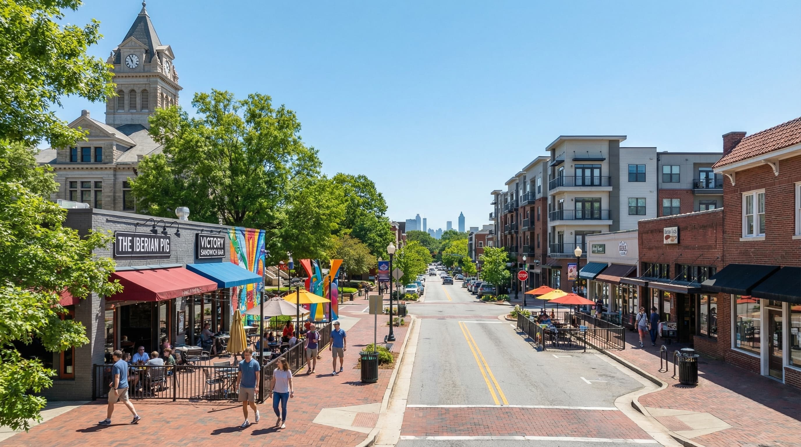 Downtown Decatur Georgia square with restaurants, shops, and walkable streets