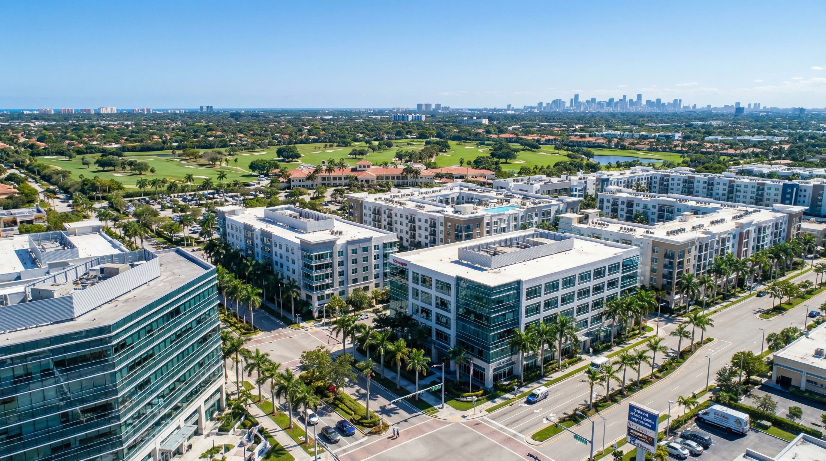 Doral Florida skyline with Trump National golf course and modern residential towers