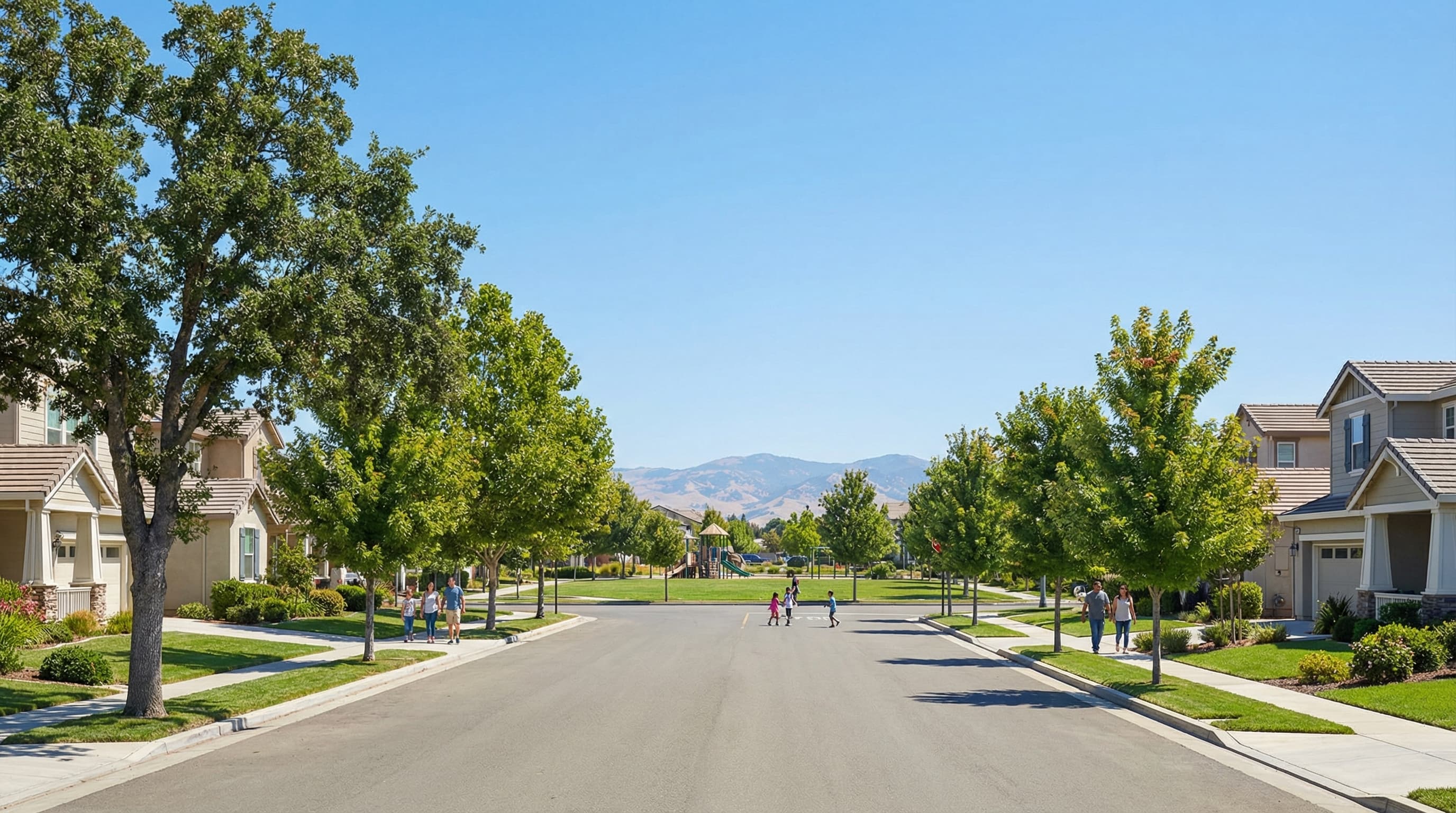 Family-oriented Elk Grove California suburban neighborhood with modern single family homes, manicured lawns, community parks, and tree-lined streets