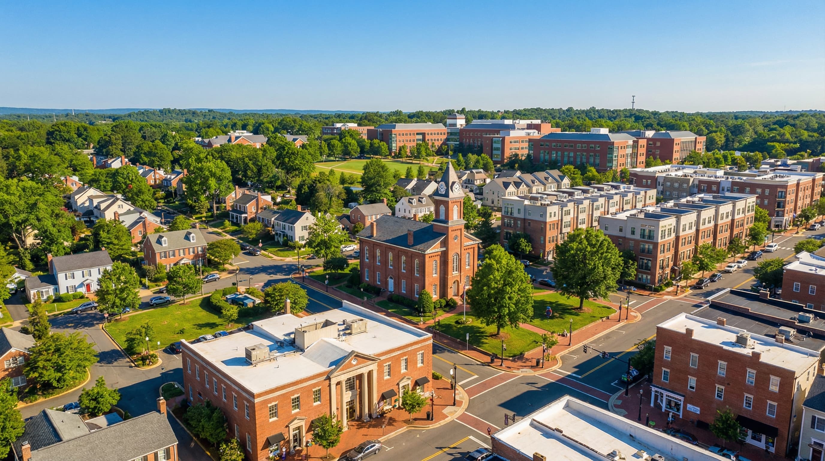 Fairfax Virginia historic courthouse with George Mason University area and suburban neighborhoods