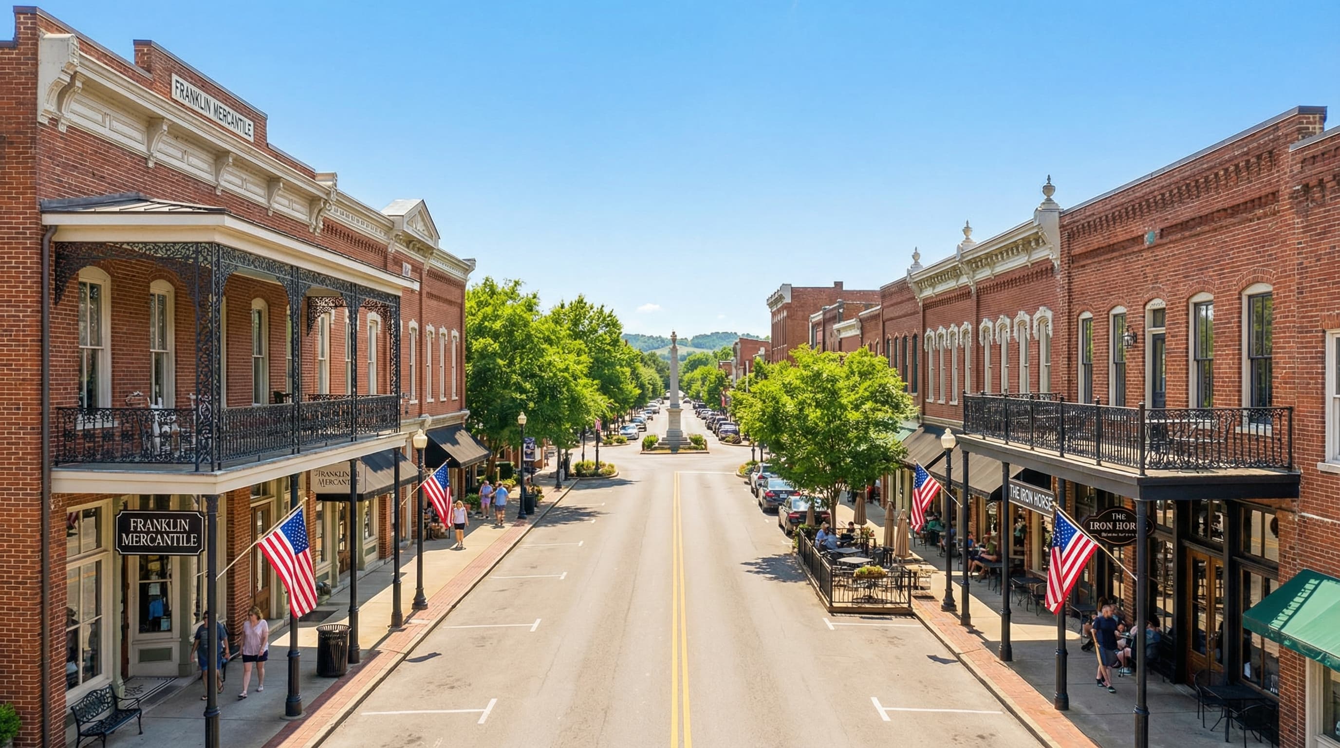 Historic Downtown Franklin Tennessee Main Street with Victorian architecture and charming shops
