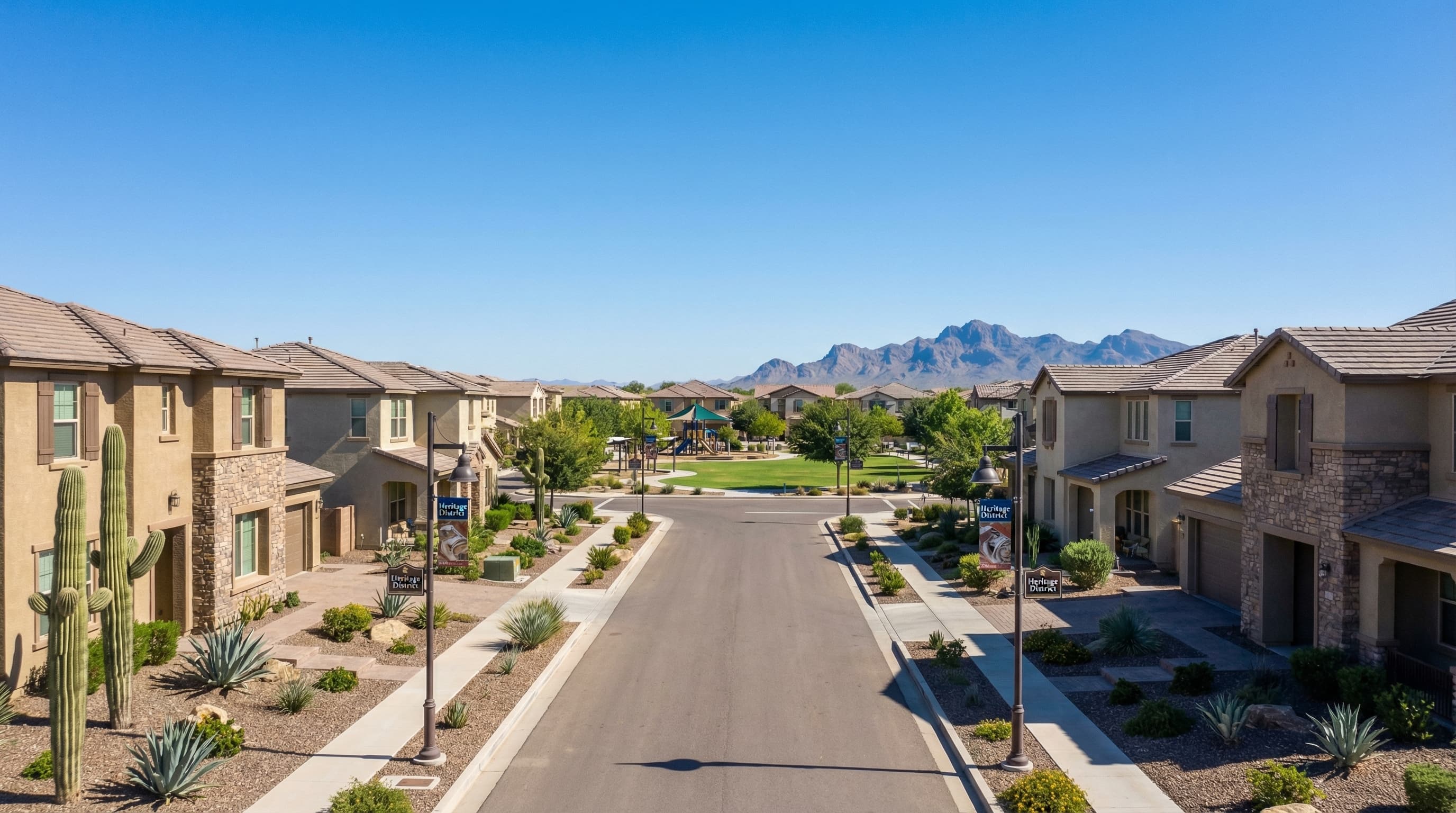 Family-oriented Gilbert Arizona neighborhood with Heritage District charm and San Tan Mountain views