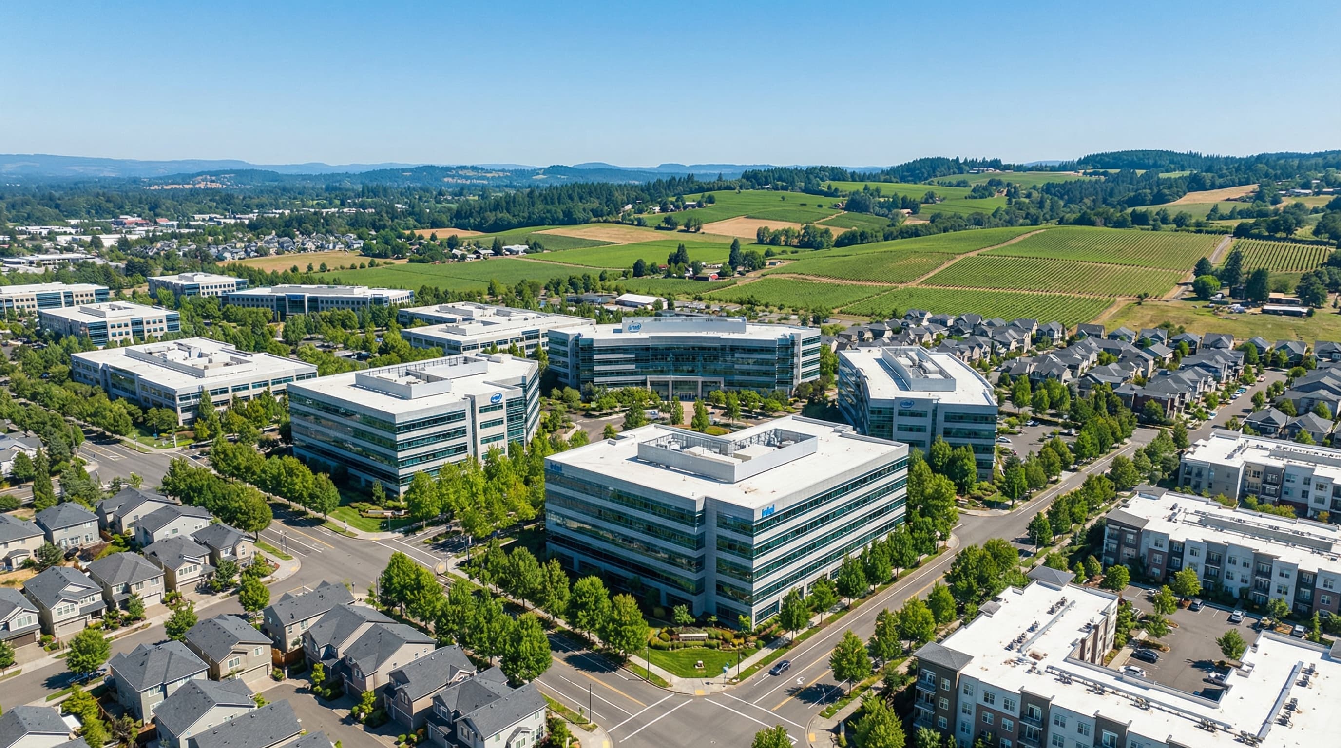 Hillsboro Oregon Intel campus area with Tualatin Valley views and suburban development