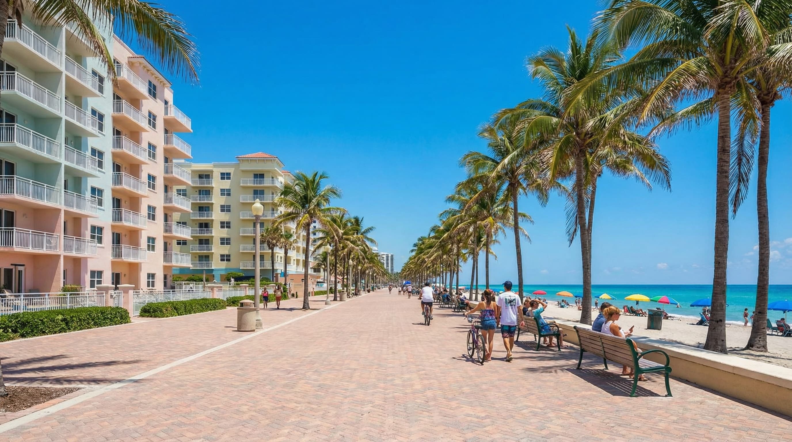 Hollywood Florida Broadwalk beach with oceanfront condos and downtown Hollywood skyline