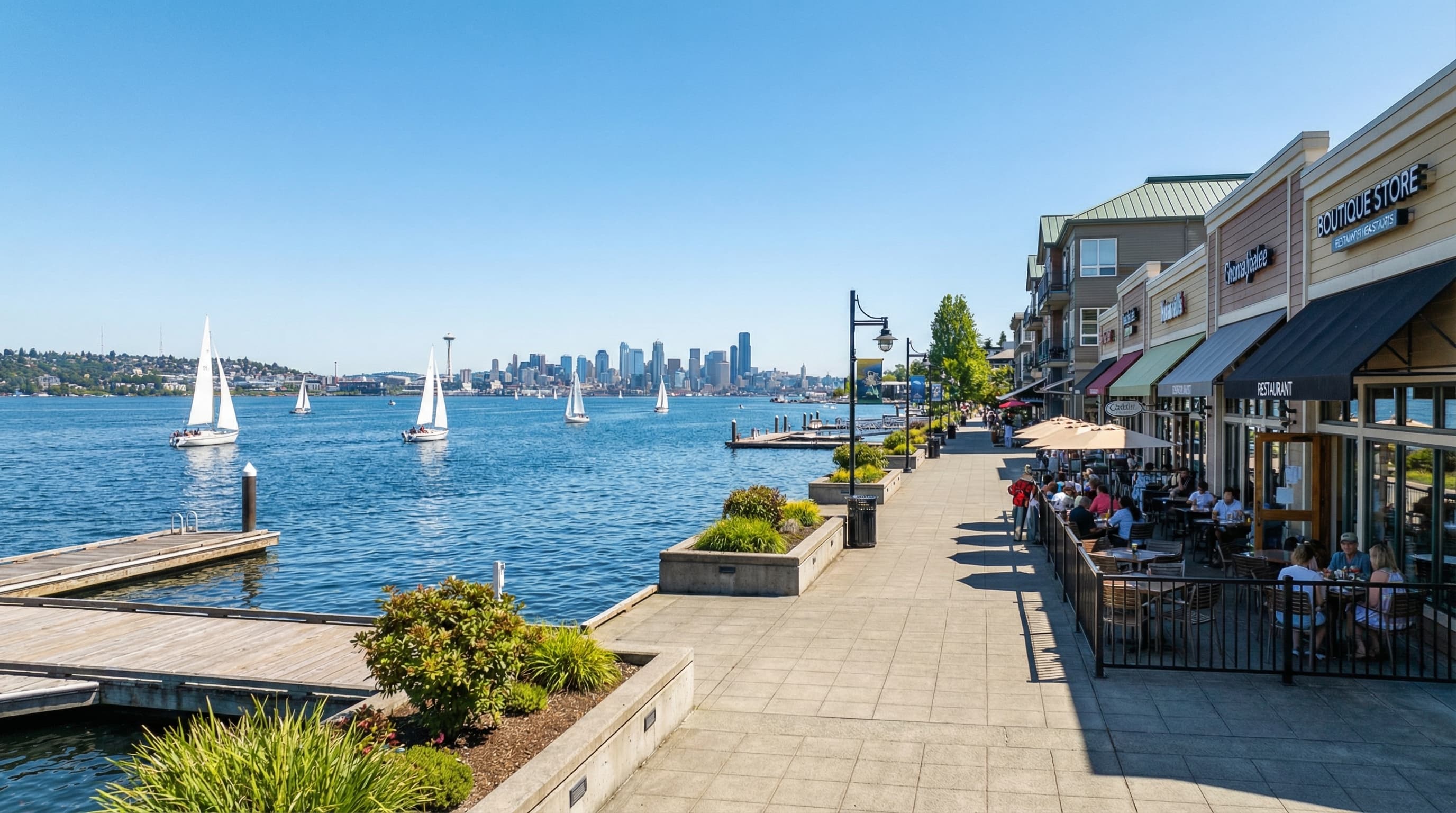 Kirkland Washington charming waterfront downtown with Lake Washington views, outdoor dining, and Pacific Northwest character