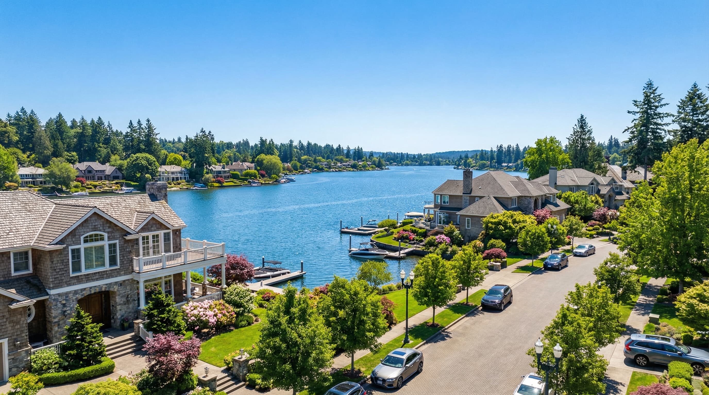 Lake Oswego Oregon waterfront homes on Oswego Lake with luxury estates and mature trees