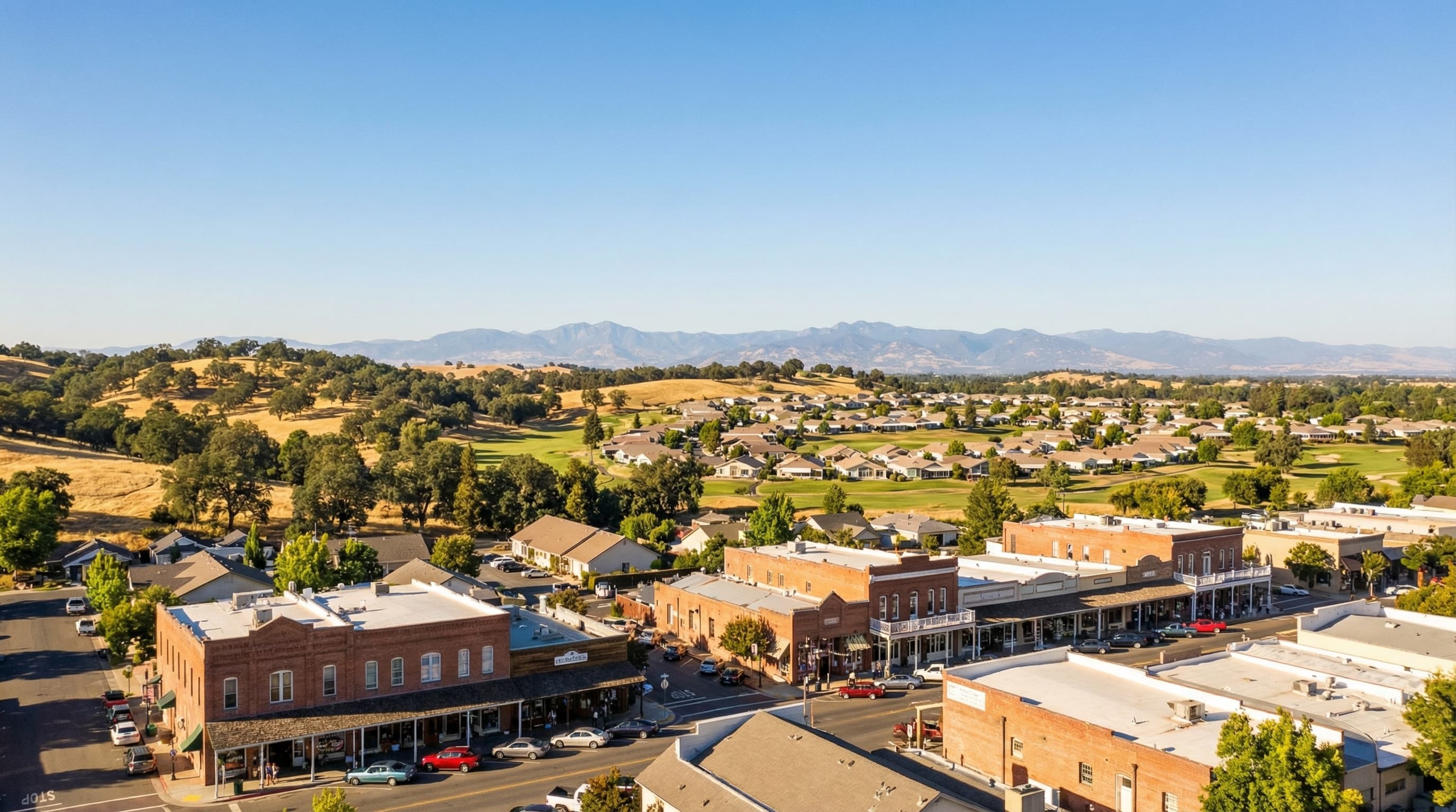 Historic Lincoln California with Sierra Nevada views, charming downtown with Western heritage, Sun City retirement community, and rolling oak-studded hills