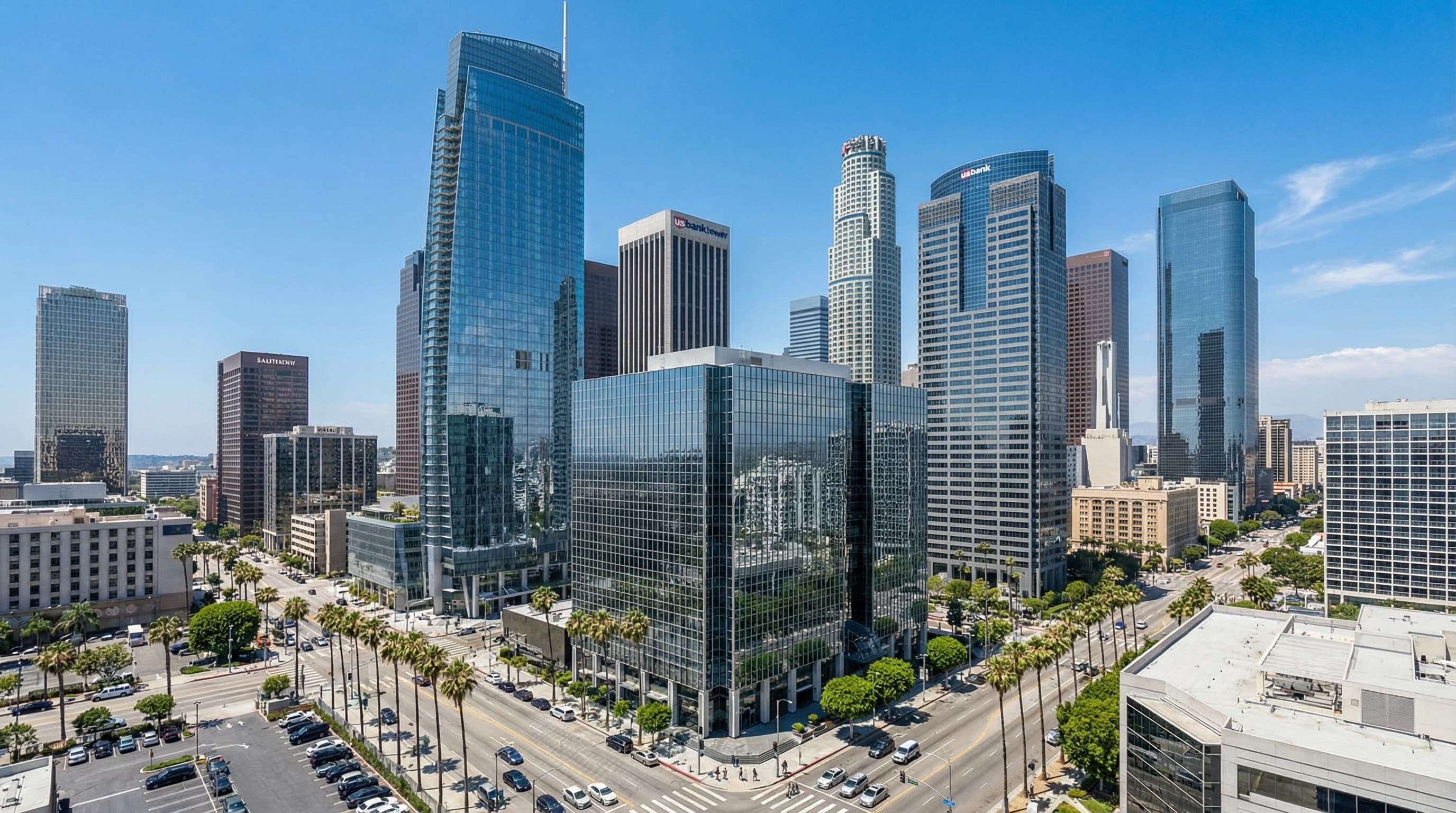 Downtown Los Angeles California skyline with modern high-rise buildings and palm trees lining streets