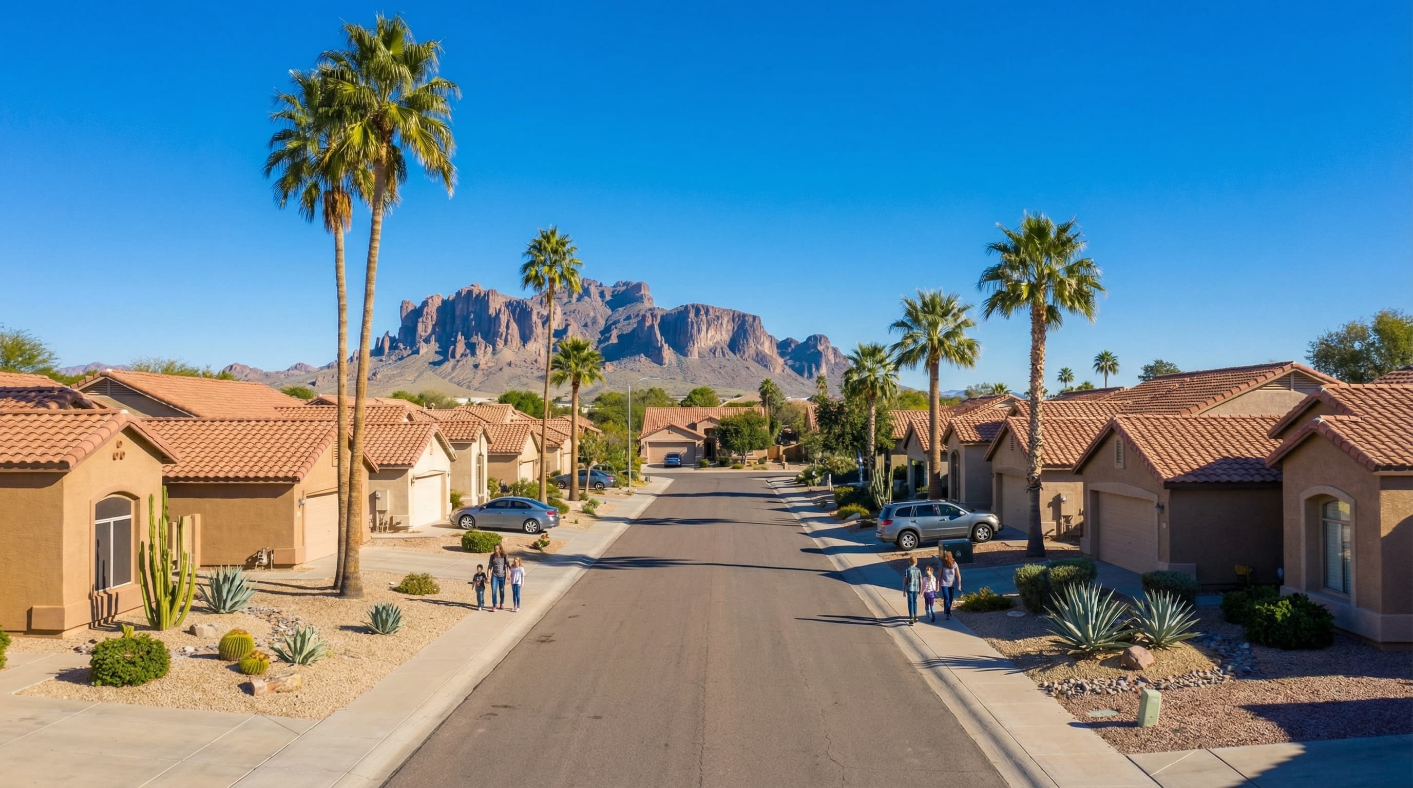 Family-friendly Mesa Arizona residential area with Superstition Mountains backdrop and desert landscaping
