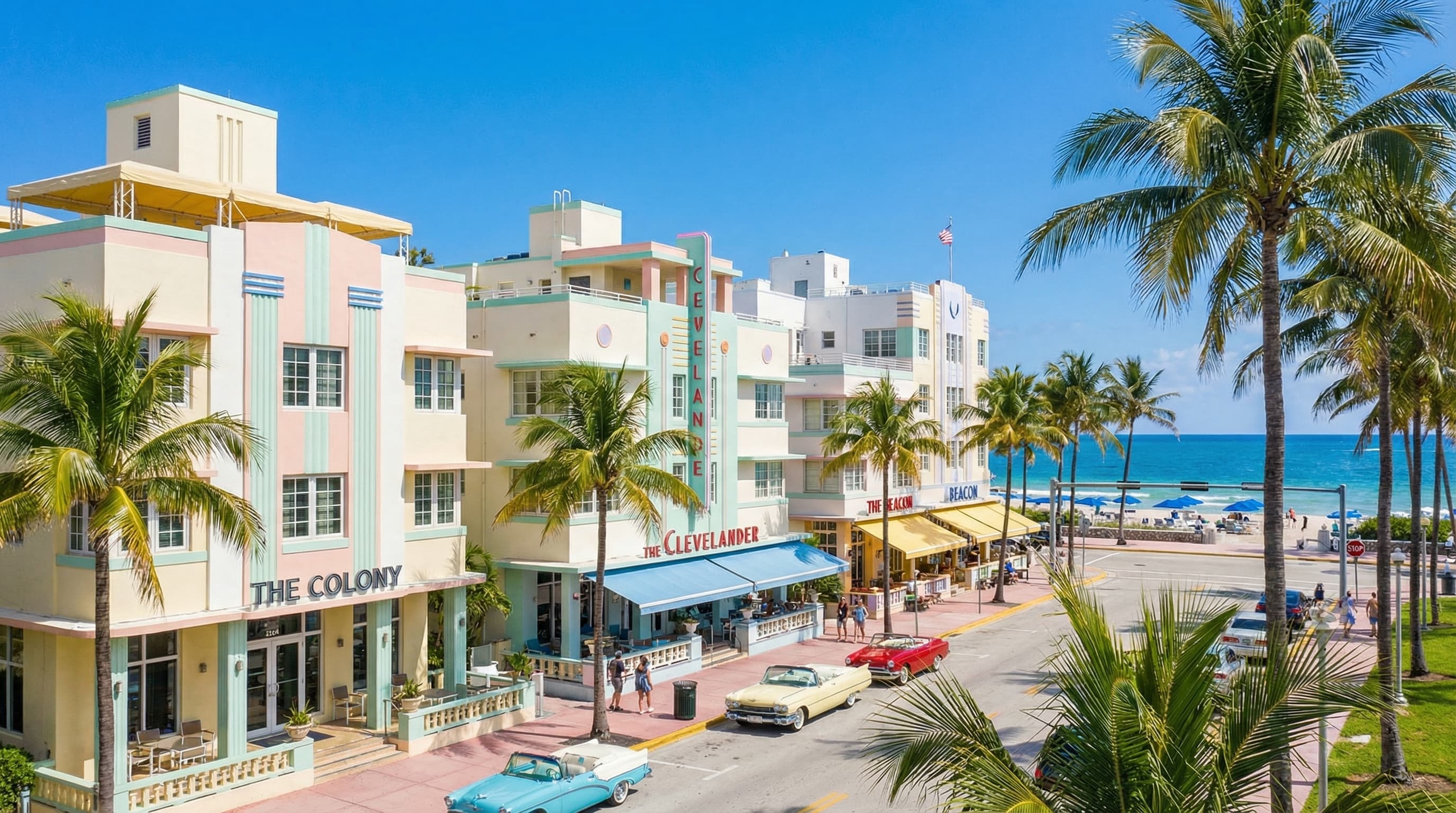 Miami Beach Florida Art Deco hotels and oceanfront condos with South Beach and Atlantic Ocean views