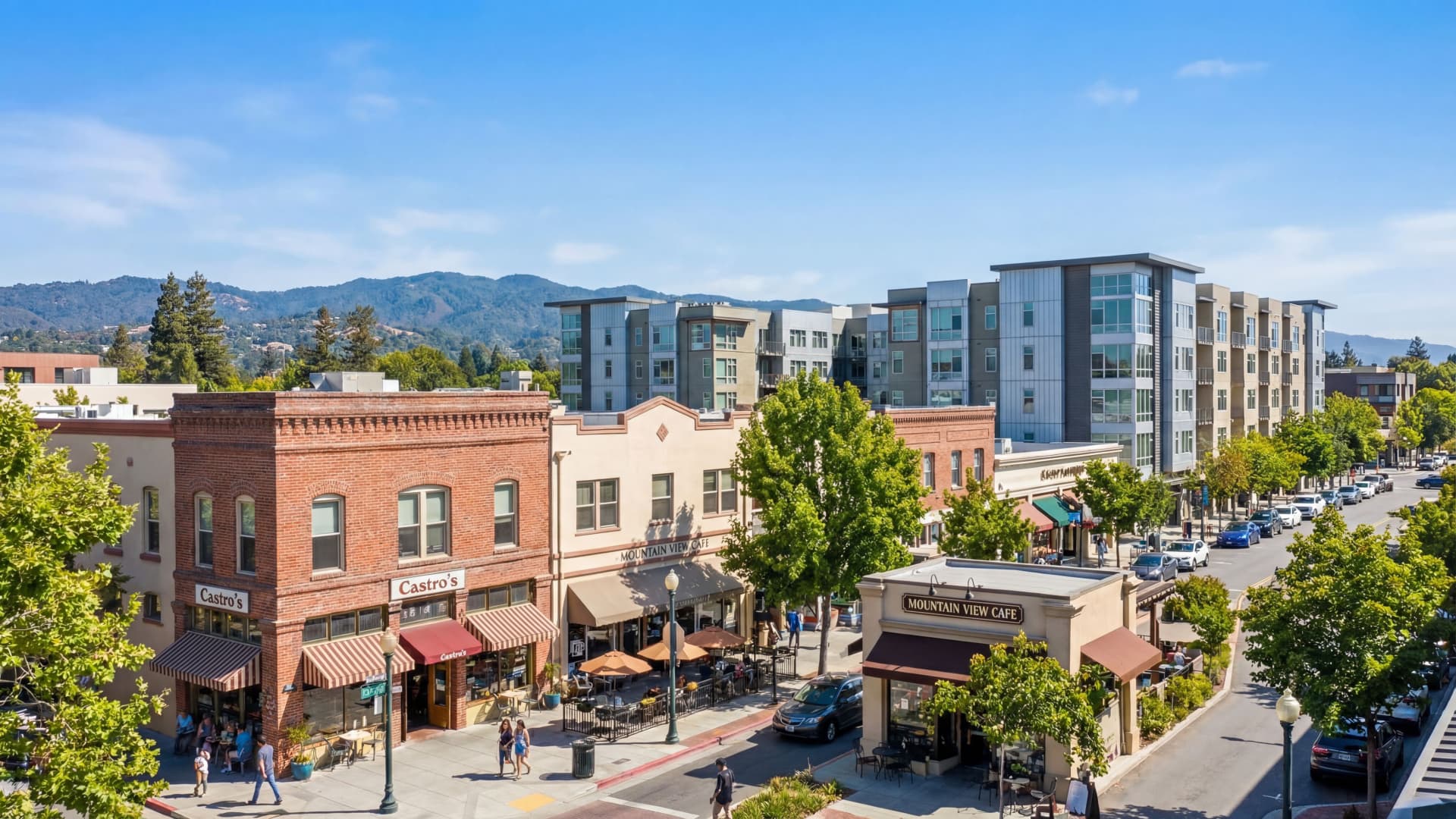 Downtown Mountain View California Castro Street with shops and coastal mountains