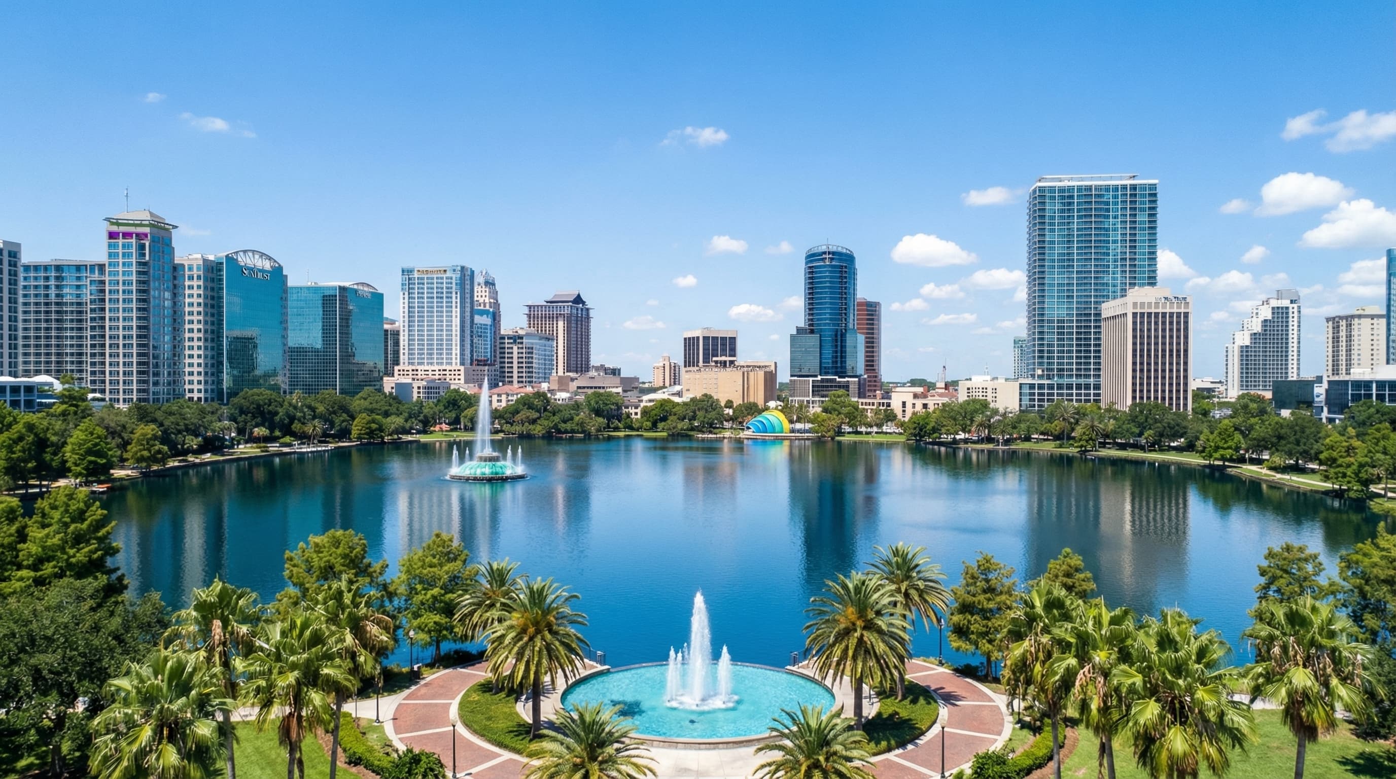 Aerial view of Orlando Florida metro area with downtown skyline, lakes, and theme park area at sunset