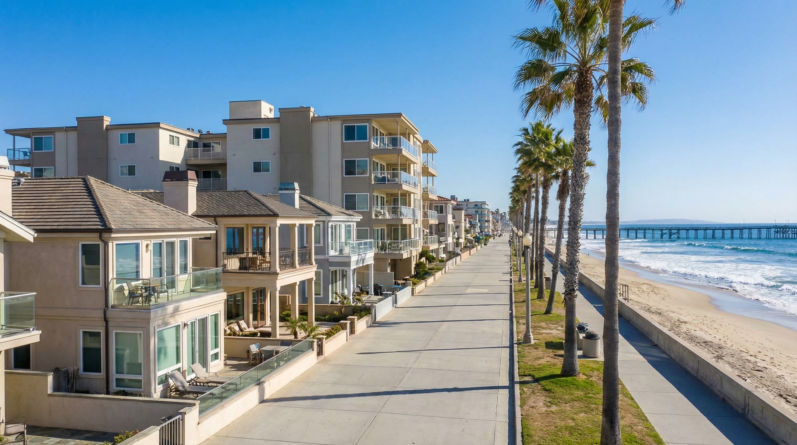 Beautiful Redondo Beach California coastal neighborhood with beachfront homes and pier along the Esplanade