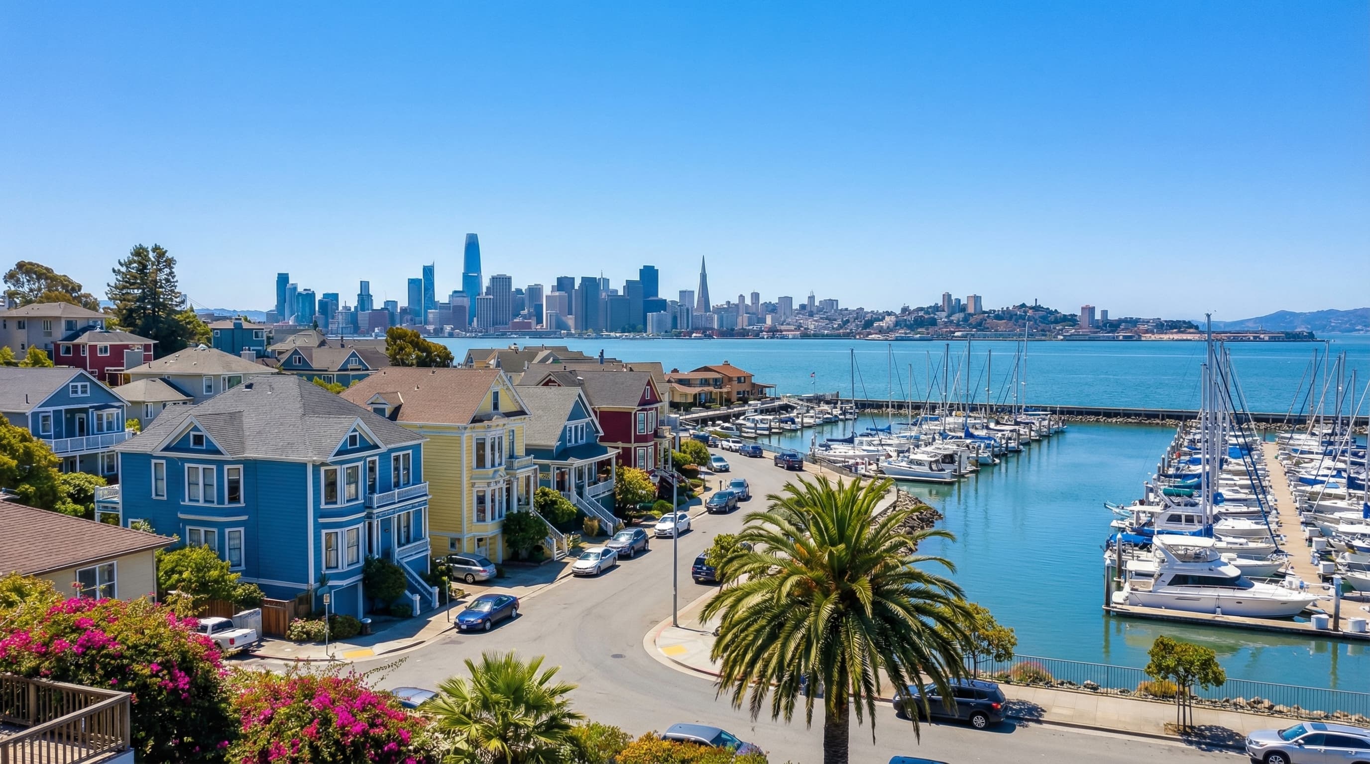 Point Richmond California waterfront neighborhood with Victorian homes and SF skyline
