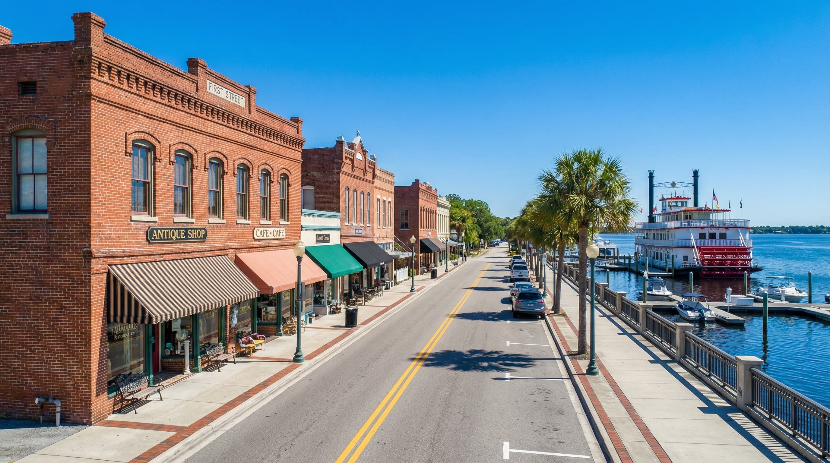 Historic Downtown Sanford Florida with brick streets, renovated buildings, and Lake Monroe waterfront