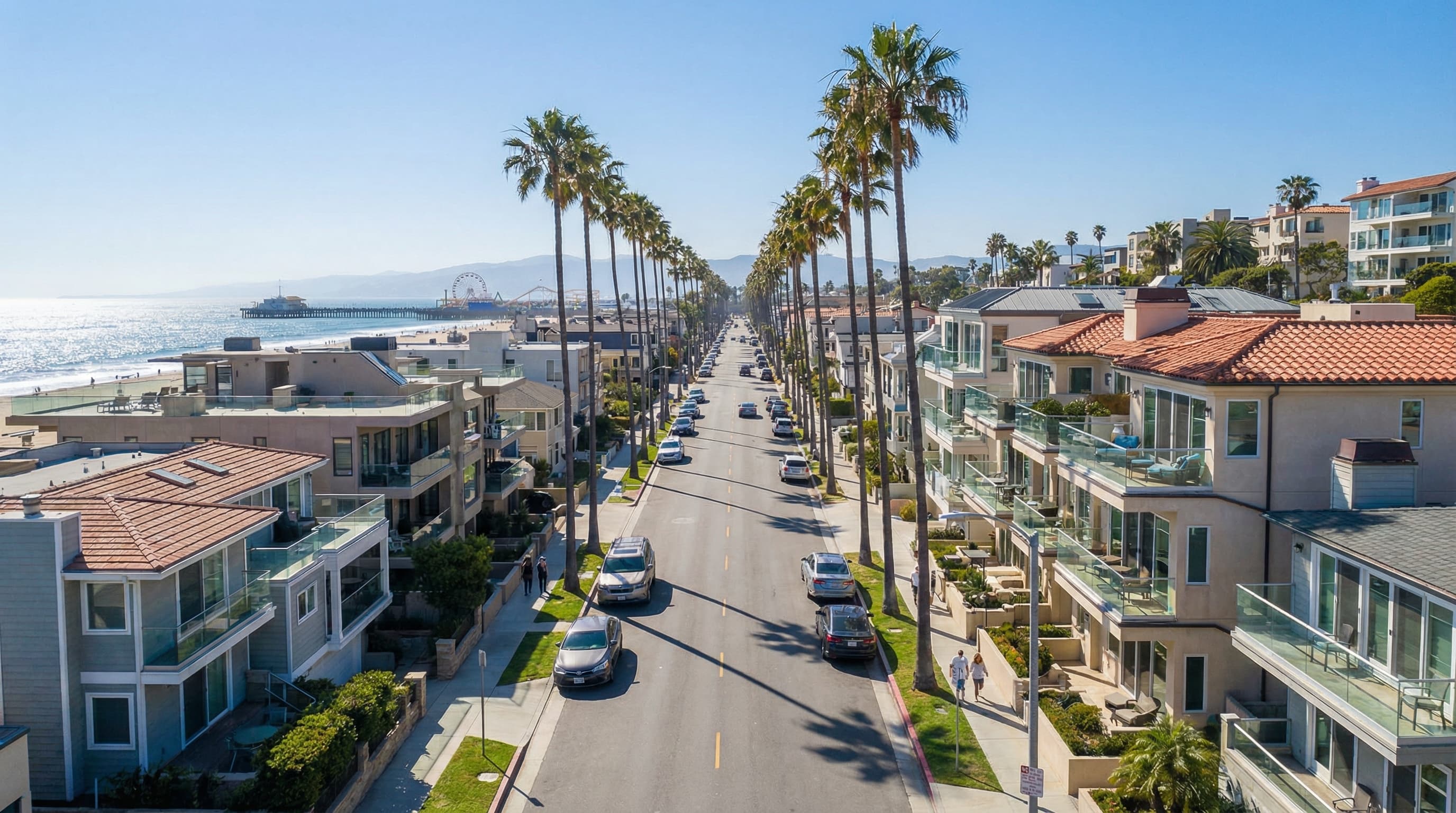 Santa Monica California coastal residential area with upscale condominiums and Pacific Ocean views along Ocean Avenue