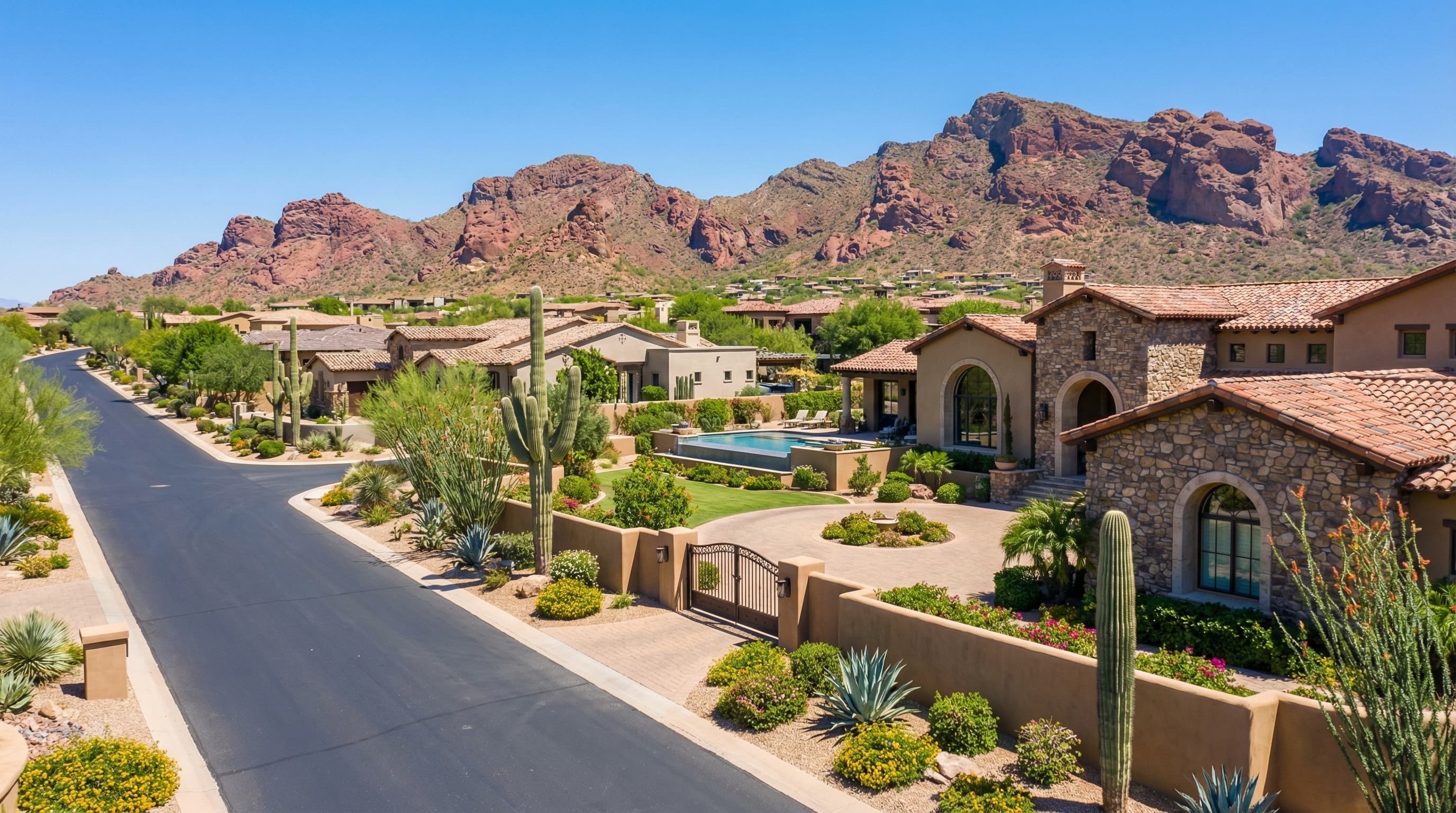 Upscale Scottsdale Arizona luxury Southwestern architecture with McDowell Mountains and desert landscaping