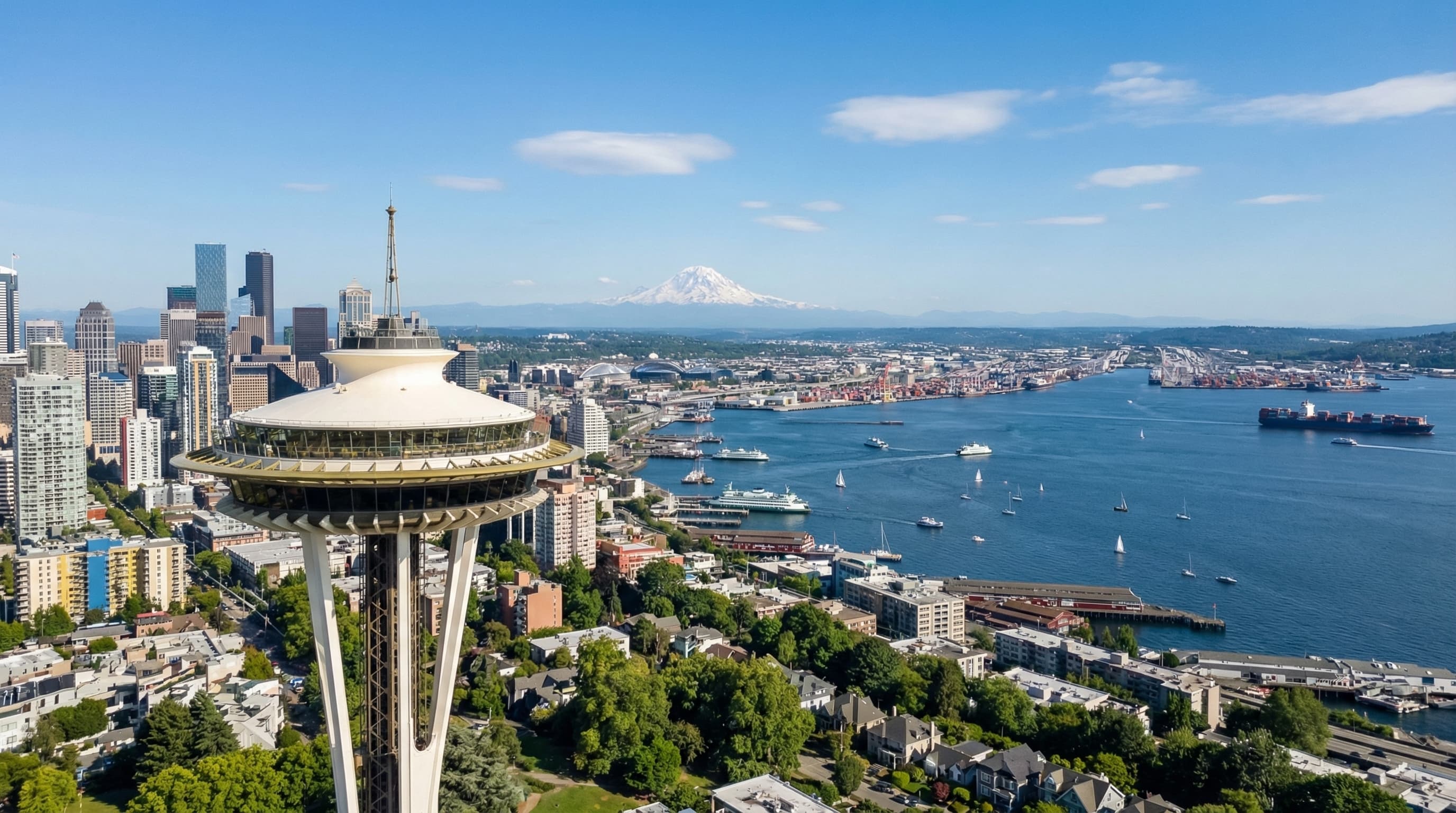 Aerial view of Seattle Washington skyline with Mount Rainier backdrop, Puget Sound, and iconic Space Needle