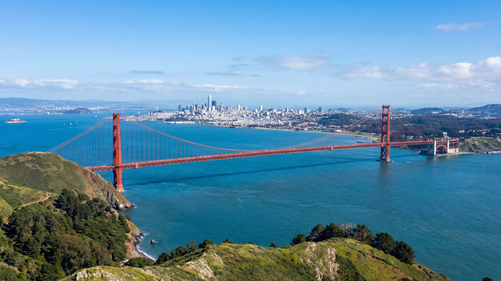 Aerial drone view of San Francisco Bay Area from Marin Headlands with Golden Gate Bridge and city skyline