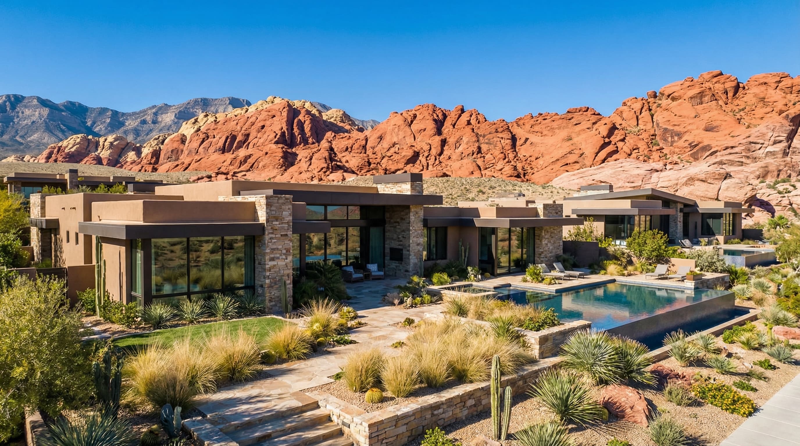 Summerlin Nevada luxury master-planned community with Red Rock Canyon backdrop, upscale Mediterranean homes, and manicured desert landscaping