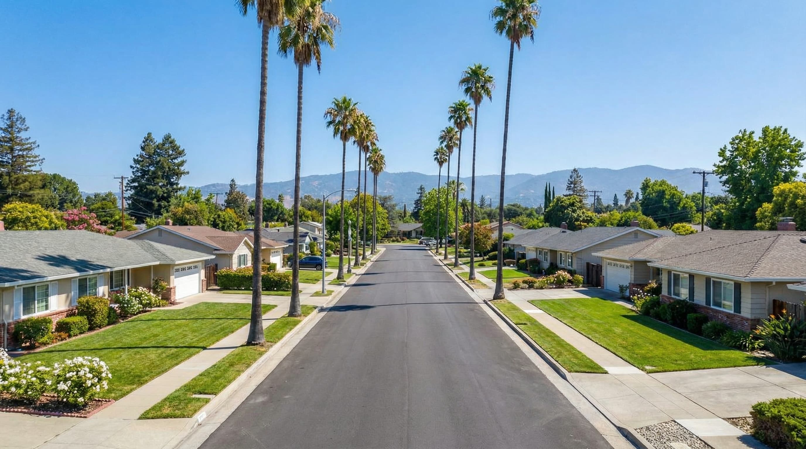 Sunnyvale California suburban neighborhood with palm trees and mountain views