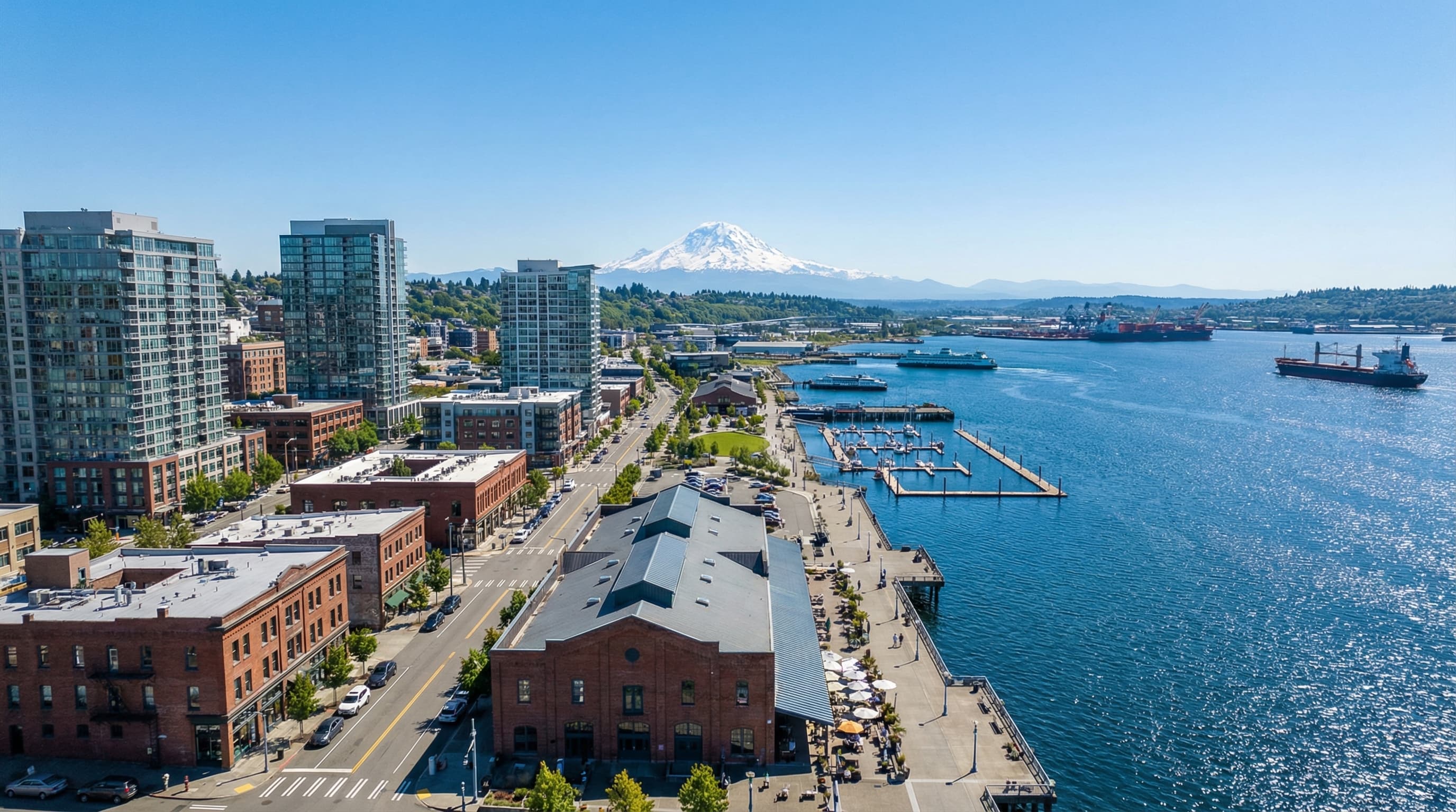 Tacoma Washington waterfront with historic Stadium District, Mount Rainier views, Commencement Bay, and revitalized downtown