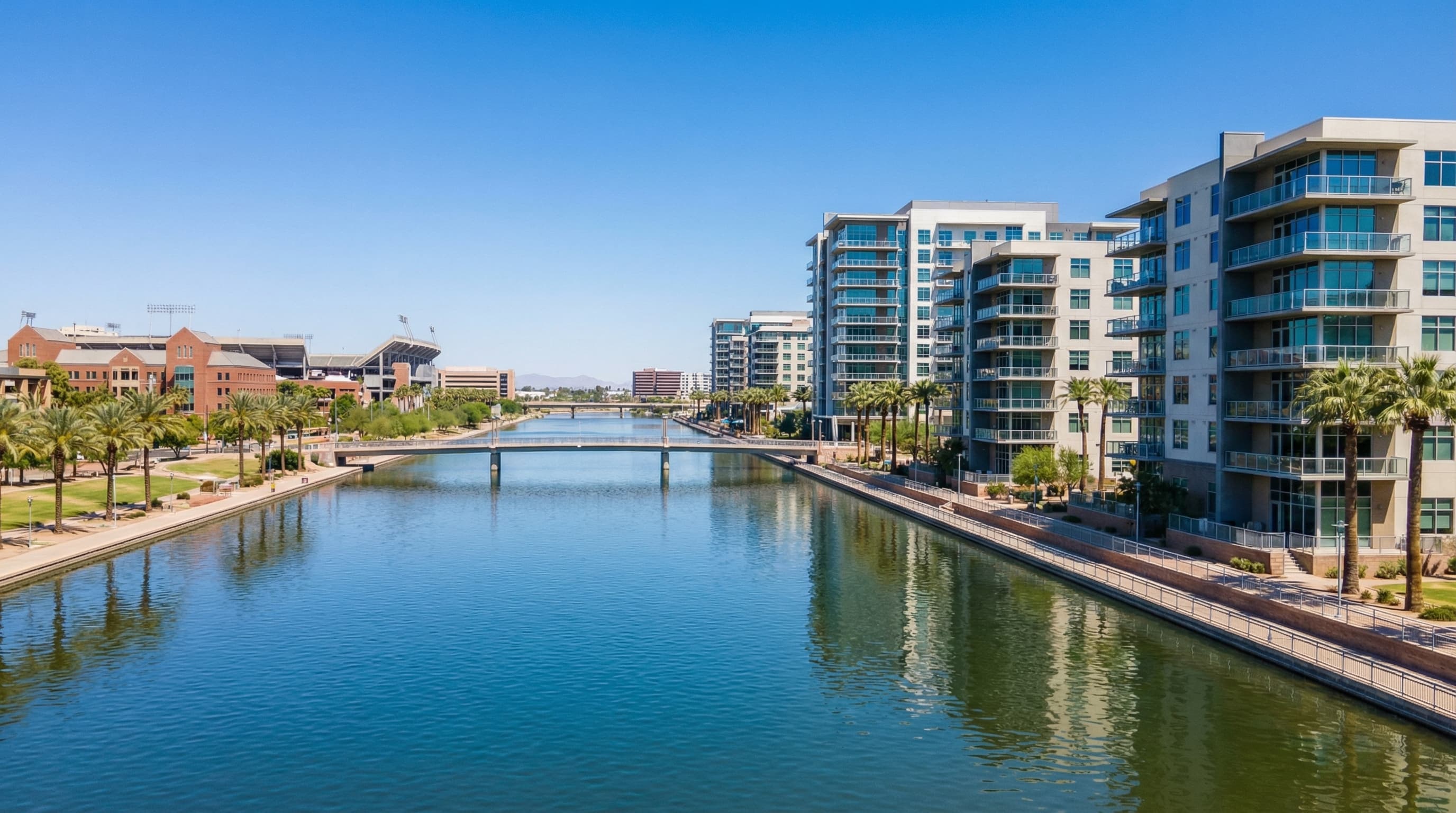 Vibrant Tempe Arizona with Tempe Town Lake waterfront condos and ASU campus visible