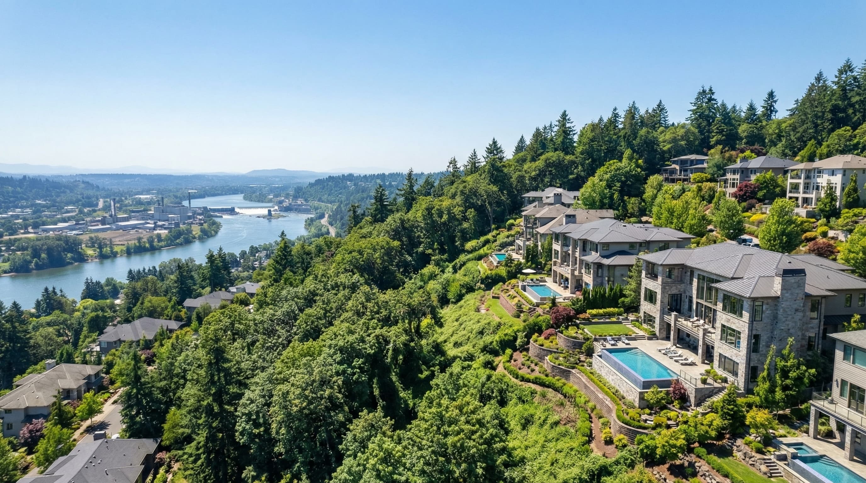 West Linn Oregon homes with Willamette River views and forested hillside setting