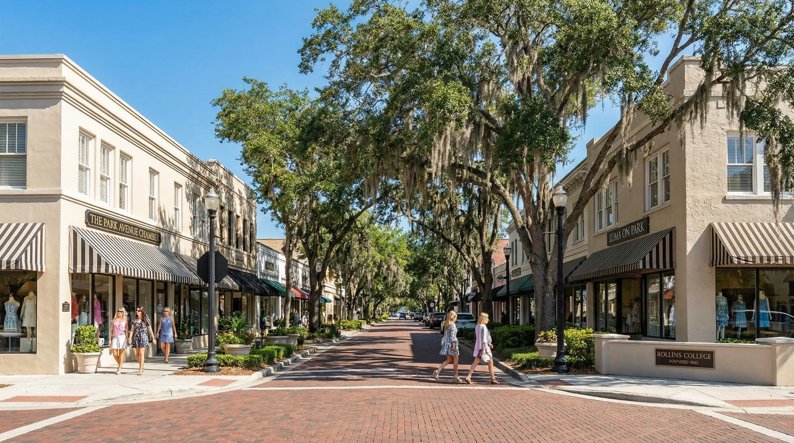 Winter Park Florida tree-lined street with historic homes and brick-paved Park Avenue