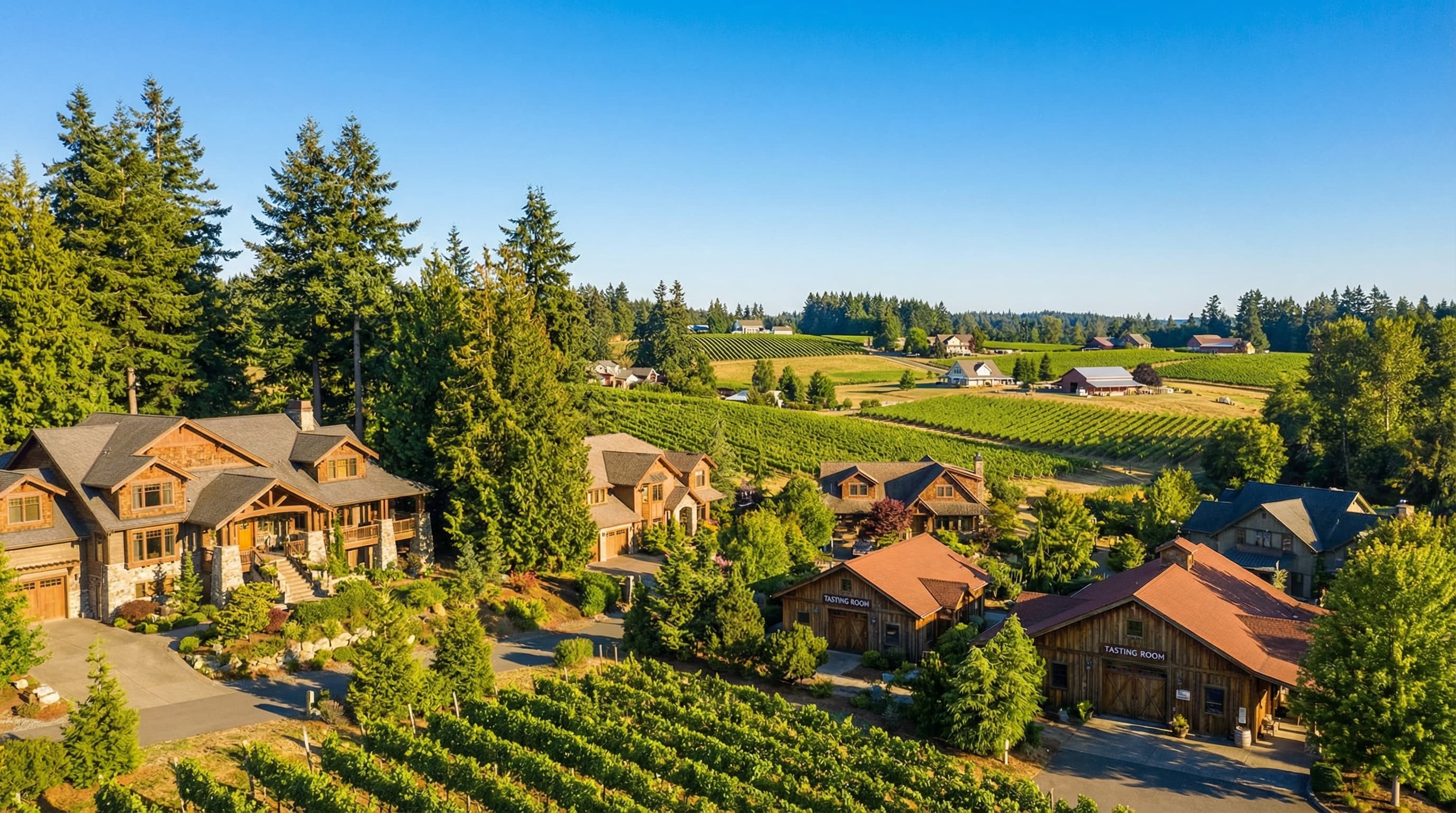 Woodinville Washington wine country with estate homes, vineyard views, and pastoral Sammamish Valley setting